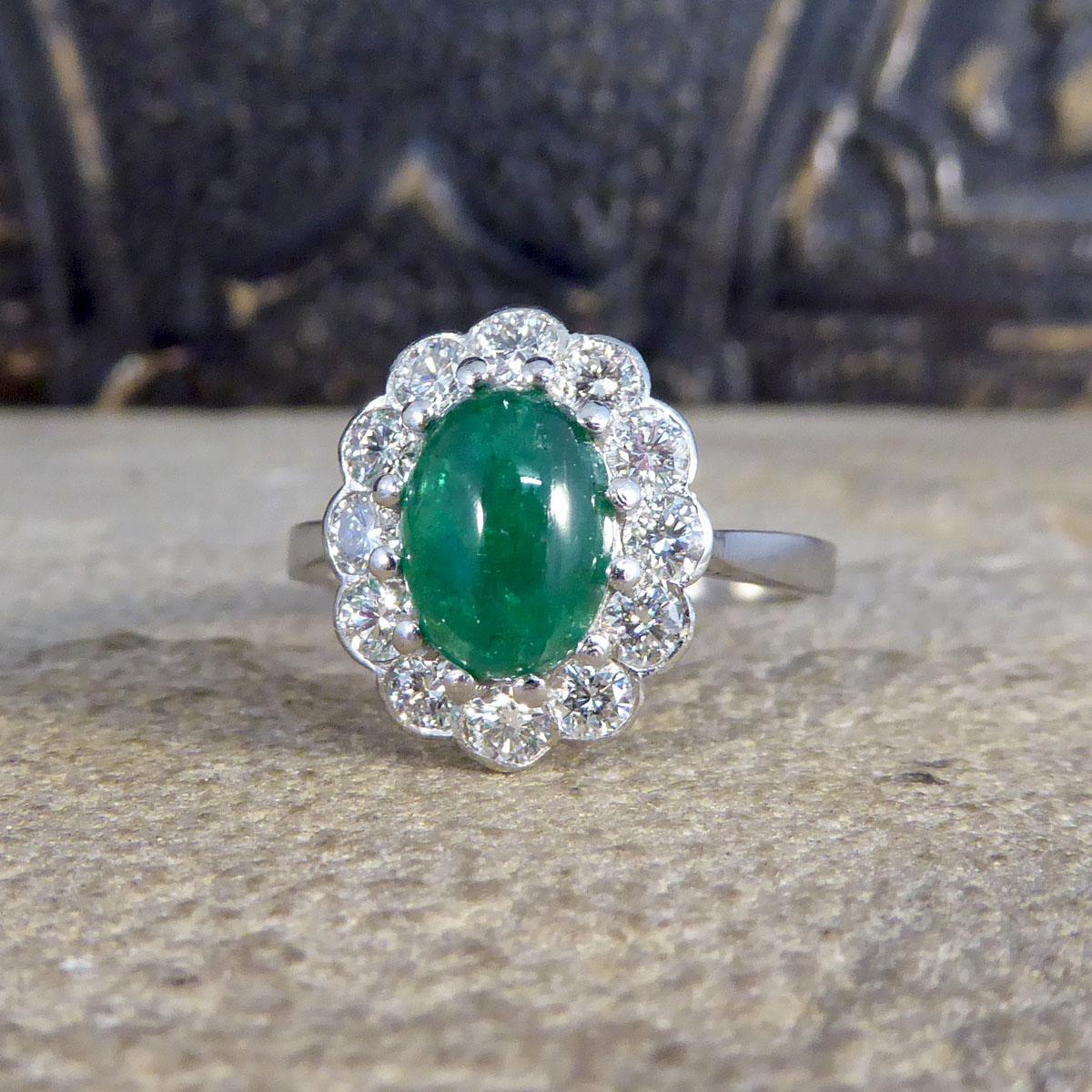 Women's or Men's 1.27ct Cabochon Emerald and 1.02ct Diamond Cluster Ring in Platinum For Sale