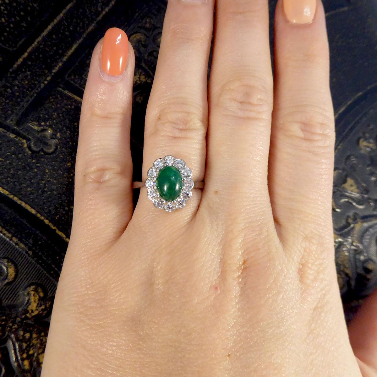1.27ct Cabochon Emerald and 1.02ct Diamond Cluster Ring in Platinum For Sale 1