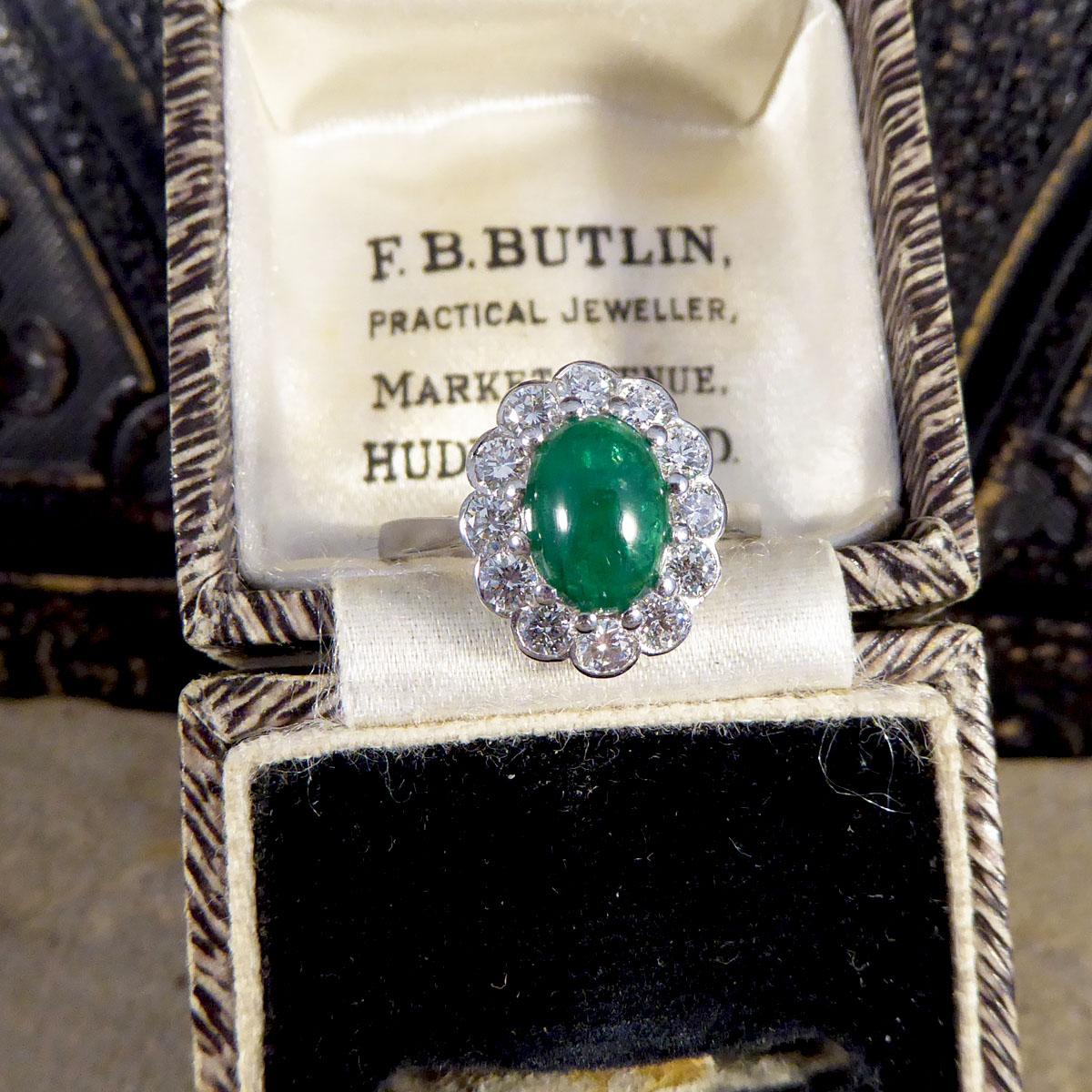 1.27ct Cabochon Emerald and 1.02ct Diamond Cluster Ring in Platinum For Sale 2