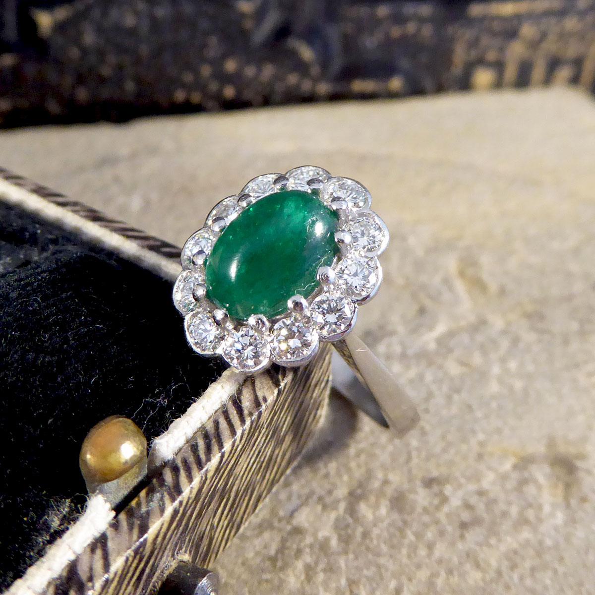 1.27ct Cabochon Emerald and 1.02ct Diamond Cluster Ring in Platinum For Sale 3