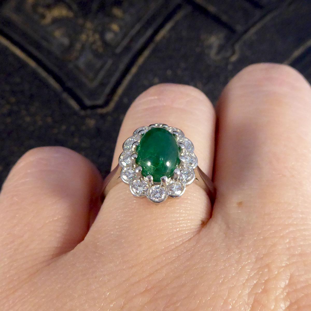 1.27ct Cabochon Emerald and 1.02ct Diamond Cluster Ring in Platinum For Sale 4