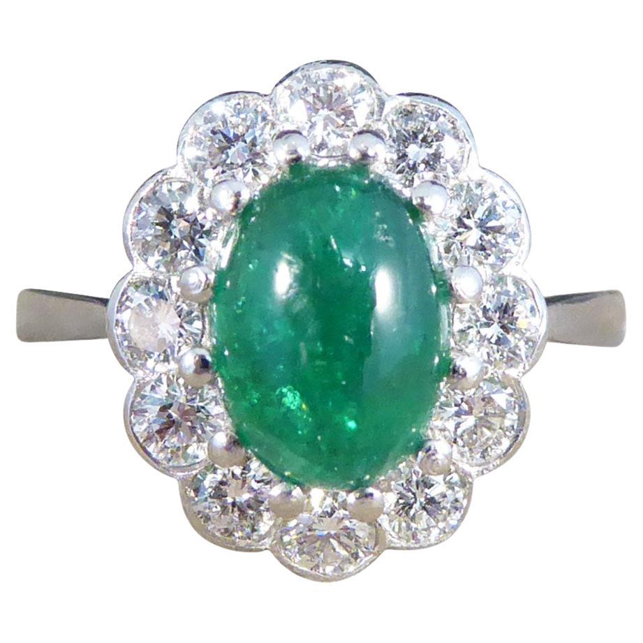 1.27ct Cabochon Emerald and 1.02ct Diamond Cluster Ring in Platinum For Sale