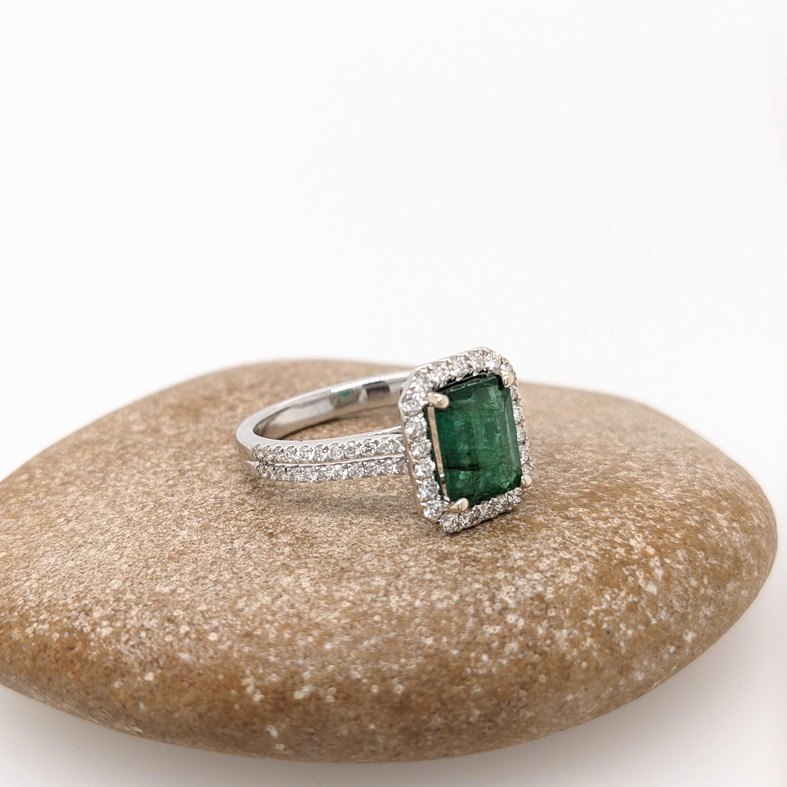 Art Deco 1.27ct Emerald Ring w Natural Diamond Halo in 14K White Gold Emerald Cut 8x6mm For Sale