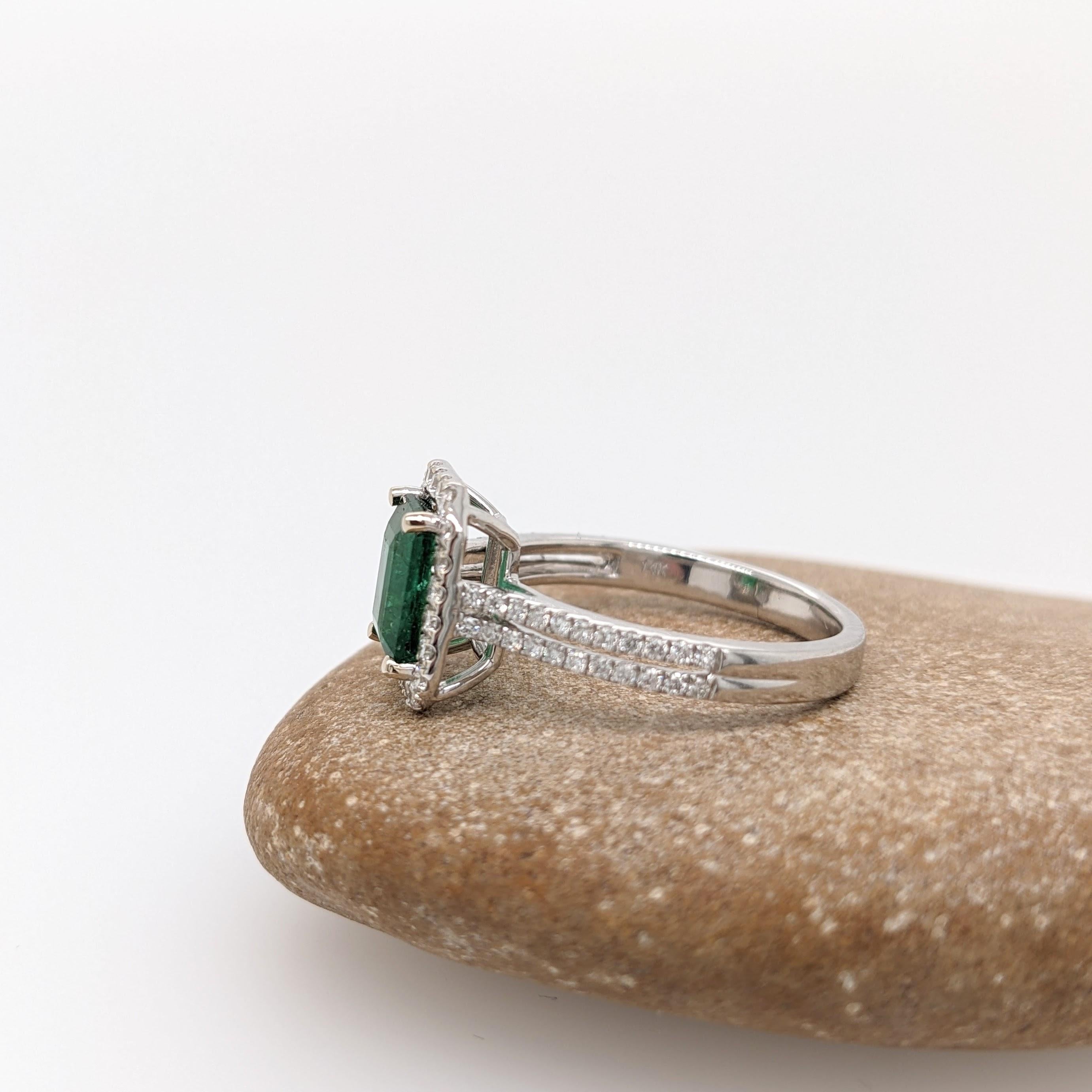 1.27ct Emerald Ring w Natural Diamond Halo in 14K White Gold Emerald Cut 8x6mm In New Condition In Columbus, OH