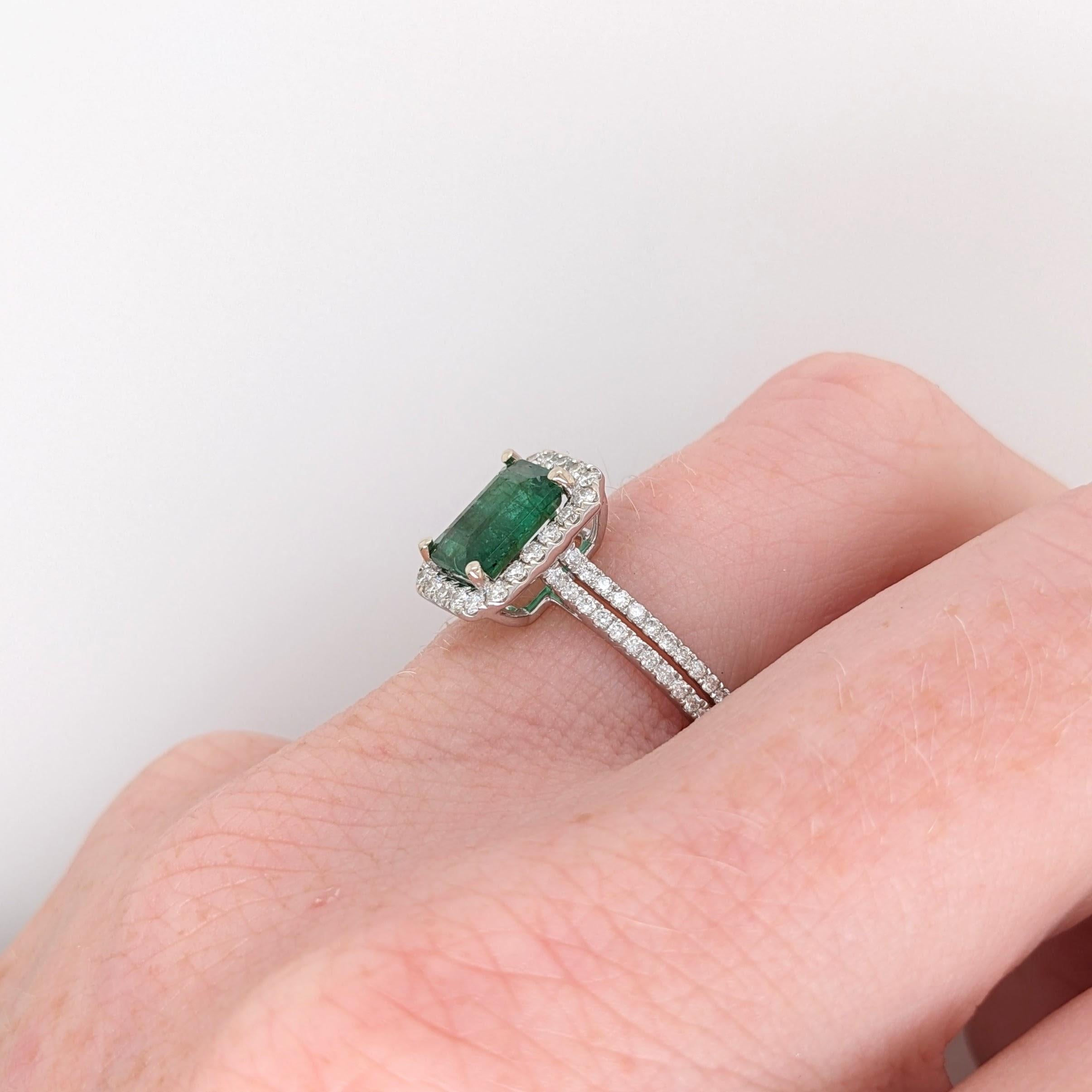 1.27ct Emerald Ring w Natural Diamond Halo in 14K White Gold Emerald Cut 8x6mm For Sale 3