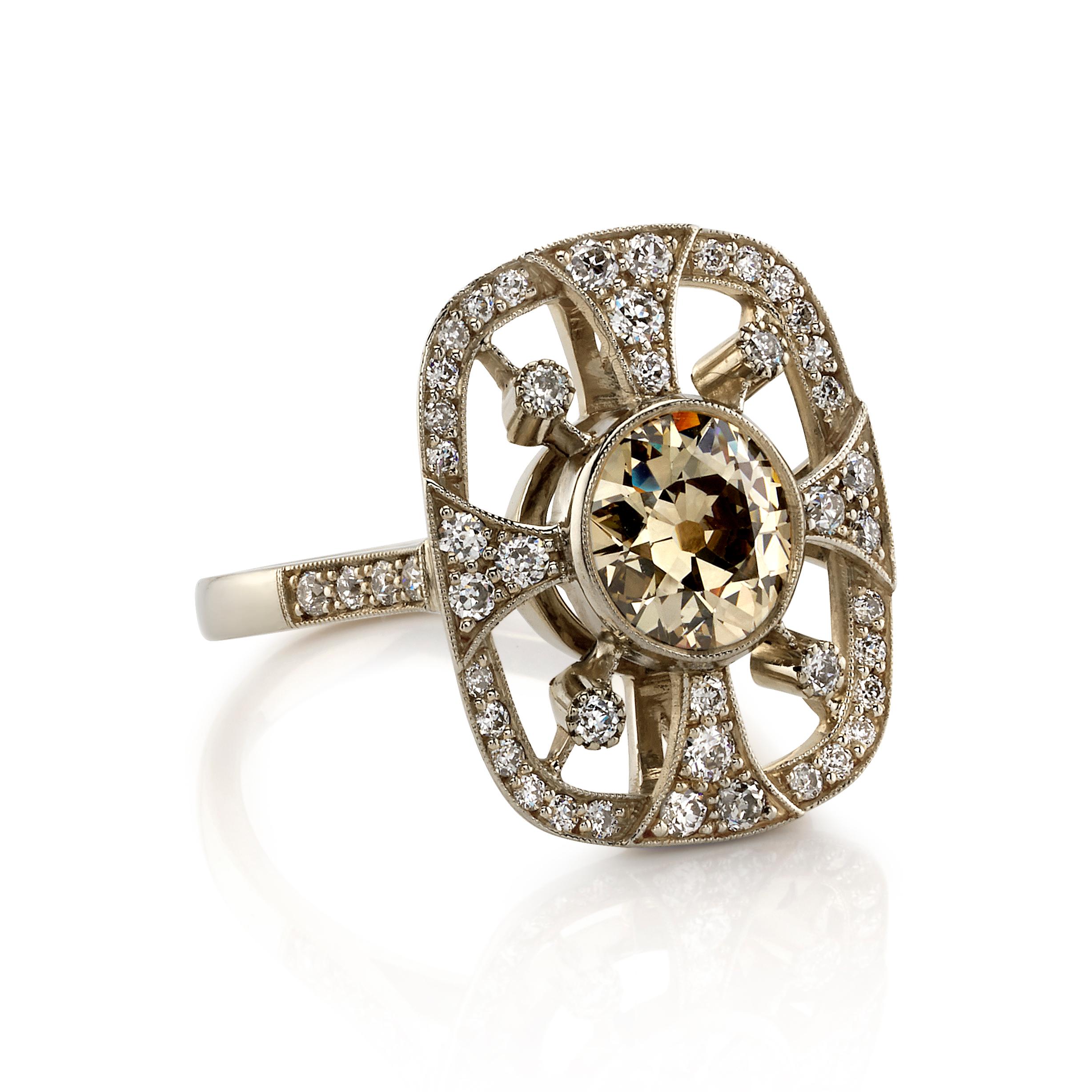 1.27ct Brown/VS old European cut diamond with 0.55ctw diamond accents set in a handcrafted 18k champagne gold mounting. This beautiful art nouveau style ring would make a wonderful right hand ring or cocktail ring. Ring is currently a size 6 and can