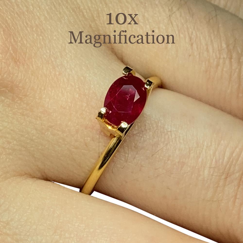 Description:

Gem Type: Ruby
Number of Stones: 1
Weight: 1.27 cts
Measurements: 6.94 x 5.00 x 3.93 mm
Shape: Oval
Cutting Style Crown: Brilliant Cut
Cutting Style Pavilion: Step Cut
Transparency: Transparent
Clarity: Moderately Included: Inclusions
