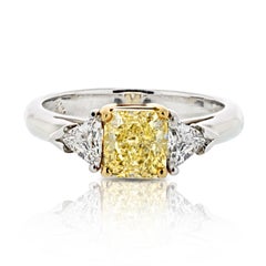 1.27ct Radiant Cut Fancy Yellow Three Stone Diamond Engagement Ring