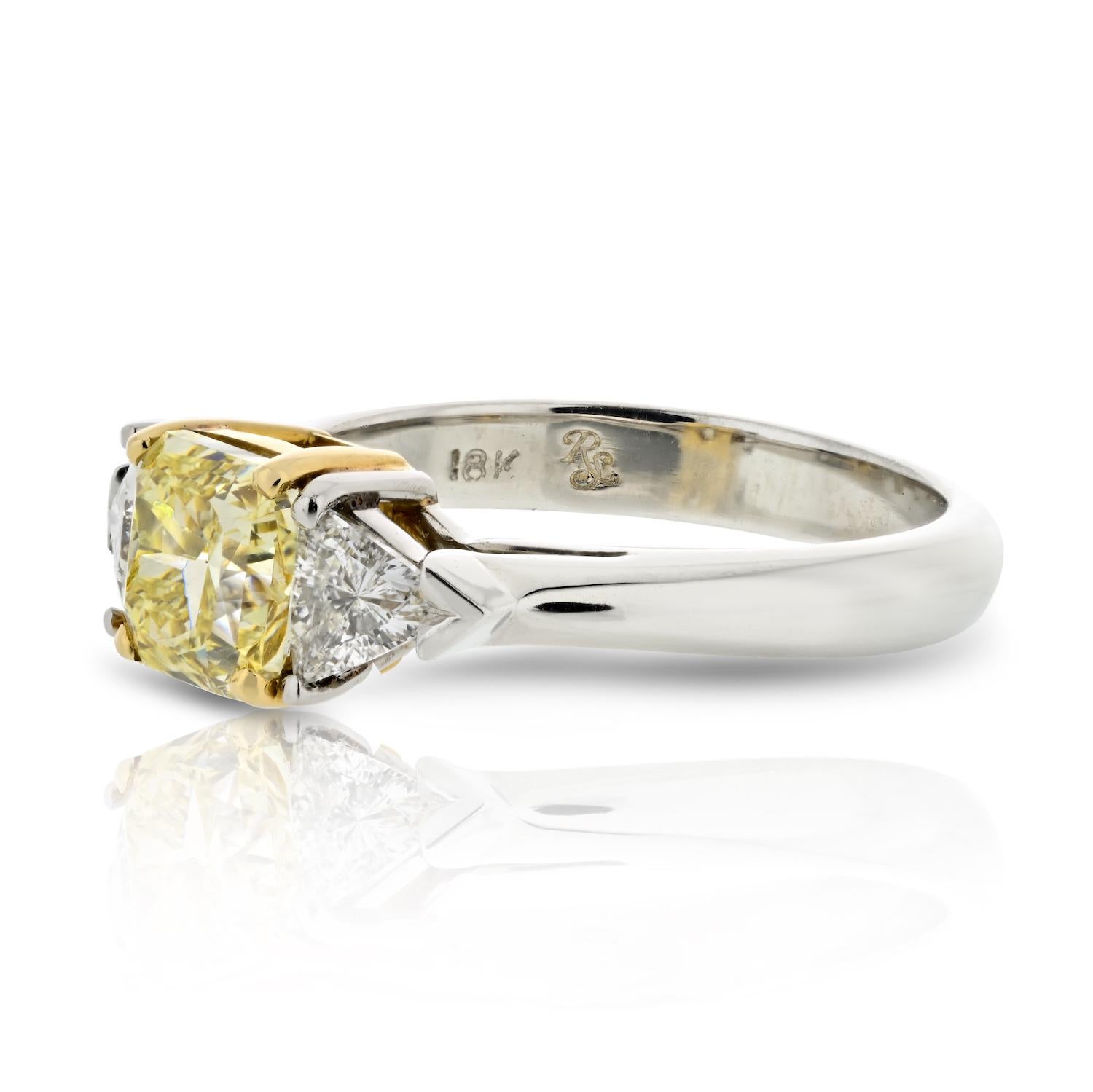 Modern 1.27ct Radiant Cut Fancy Yellow Three Stone Diamond Engagement Ring For Sale