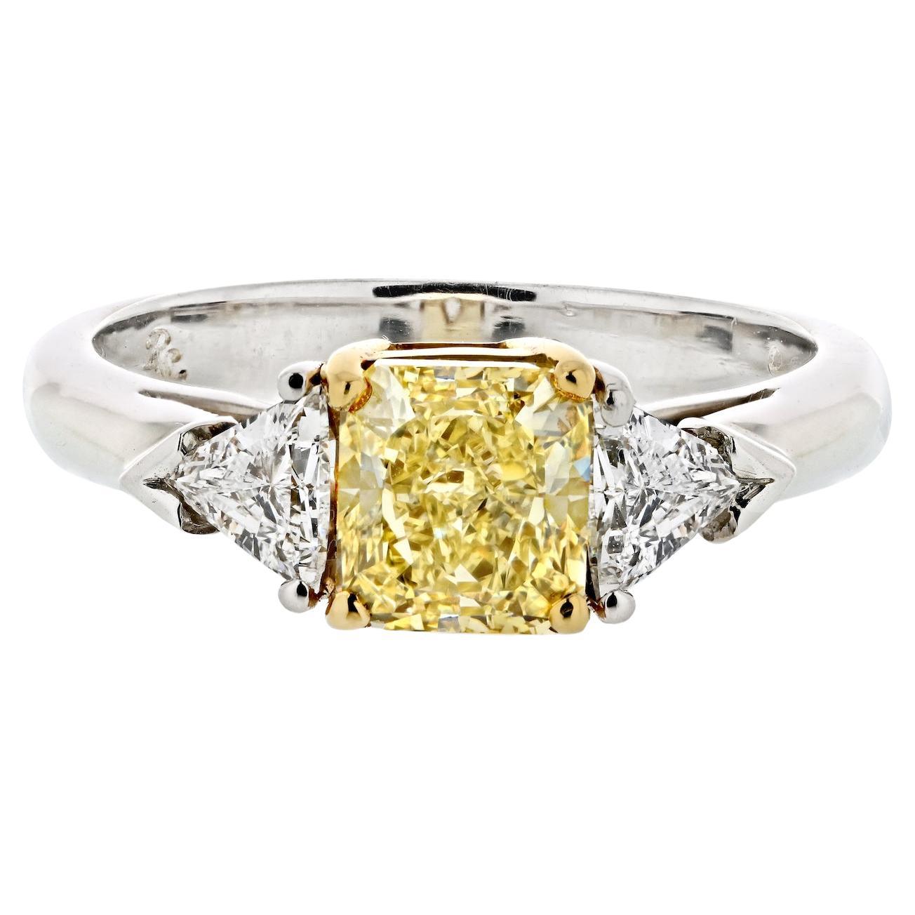 1.27ct Radiant Cut Fancy Yellow Three Stone Diamond Engagement Ring For Sale