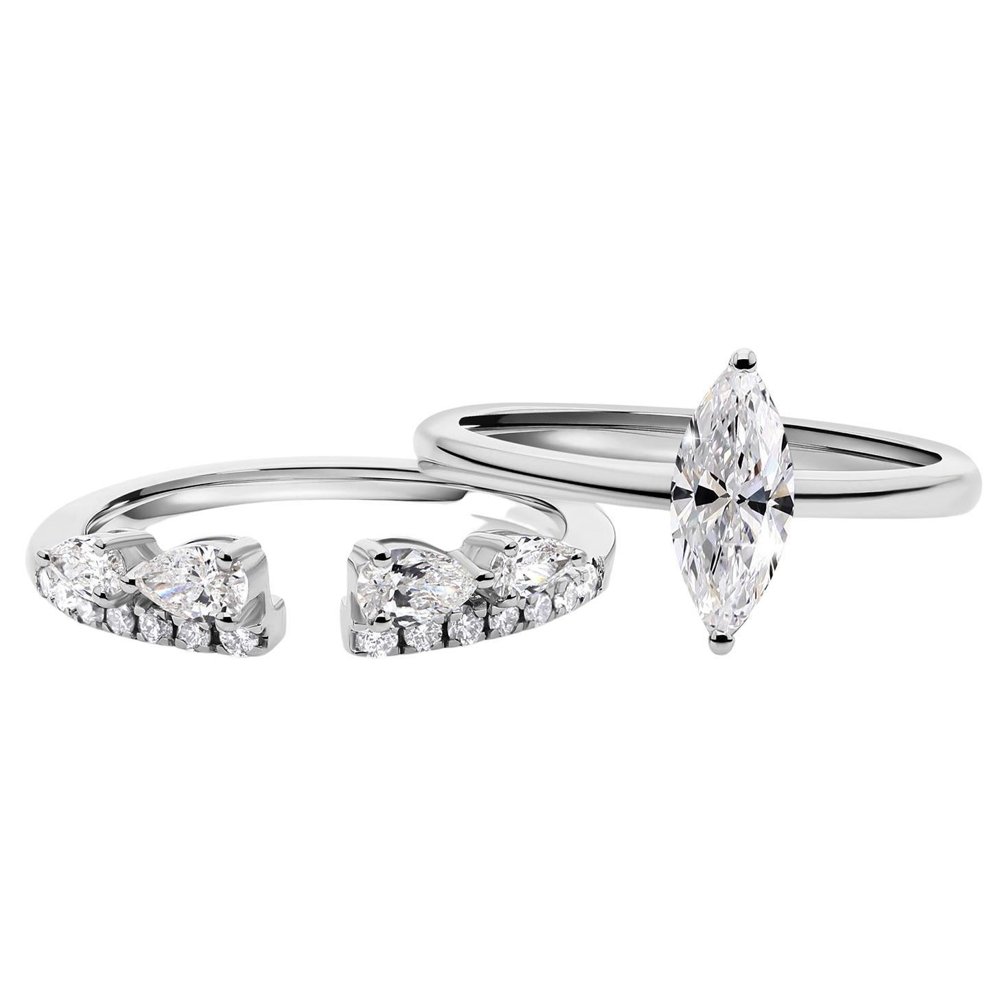 1.27ct SI/H Marquise Pear Diamond Bridal Ring Set 14k White Gold