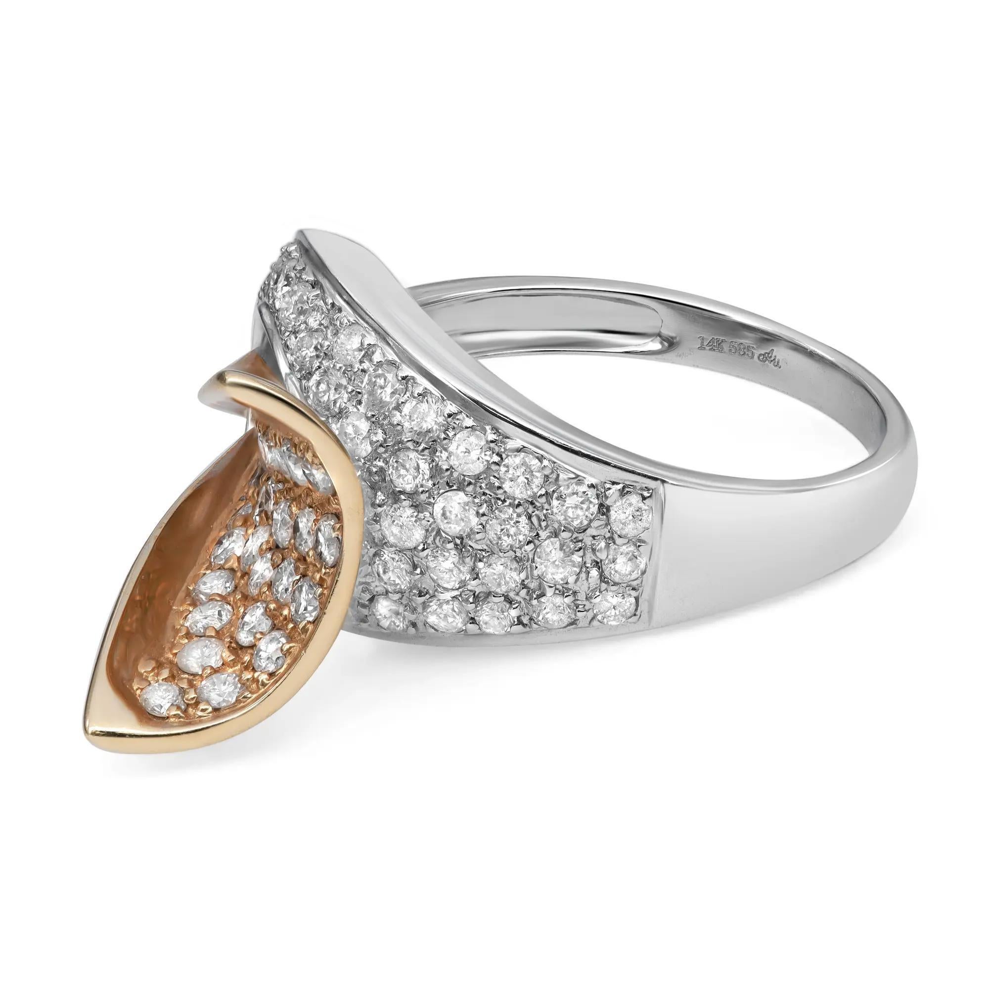 Modern 1.27cttw Two Tone Pave Set Round Diamond Ladies Cocktail Ring 14k Gold For Sale