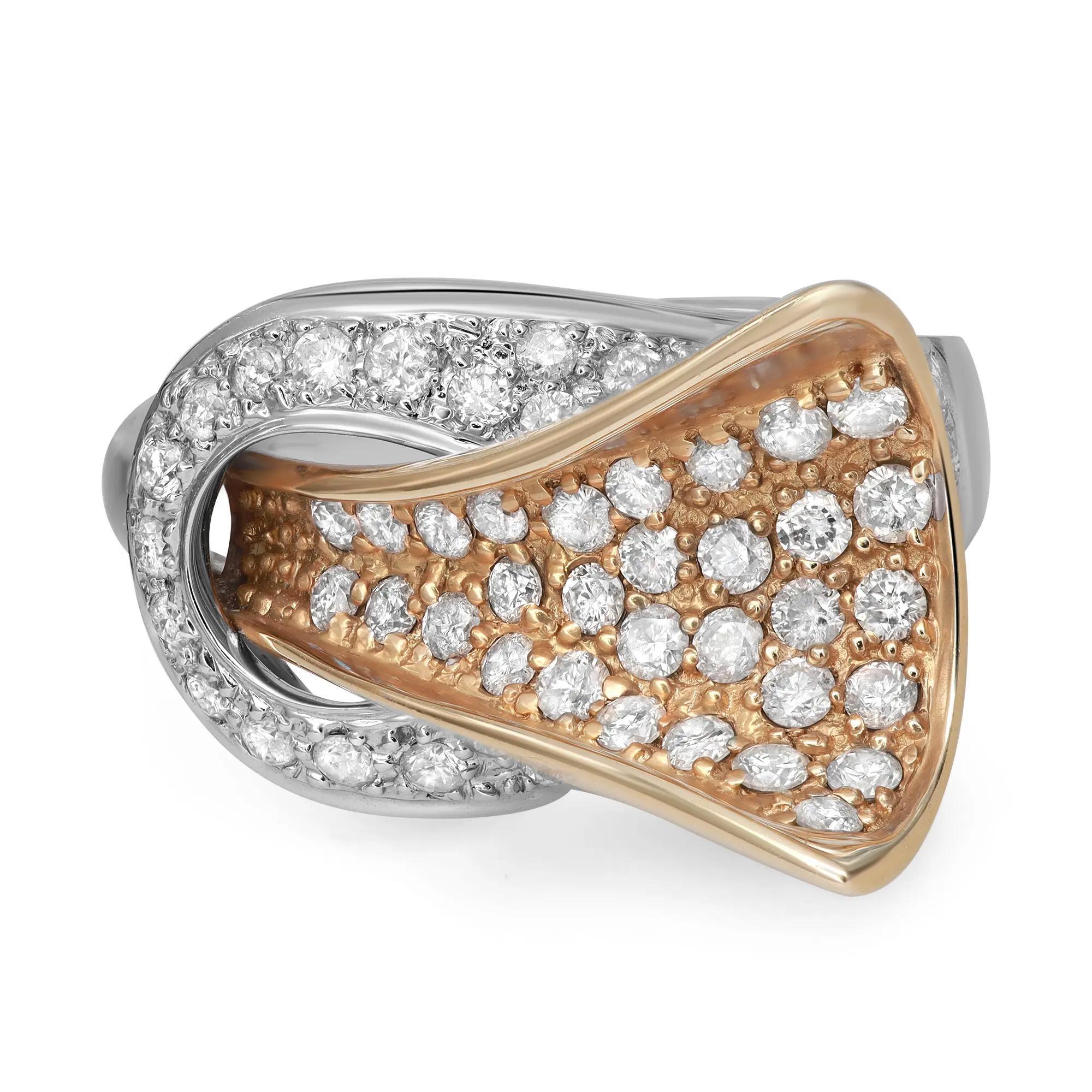 Round Cut 1.27cttw Two Tone Pave Set Round Diamond Ladies Cocktail Ring 14k Gold For Sale