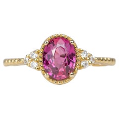 1.27ctw Pink Sapphire with Diamond Trio 14K Yellow Gold Engagement Ring