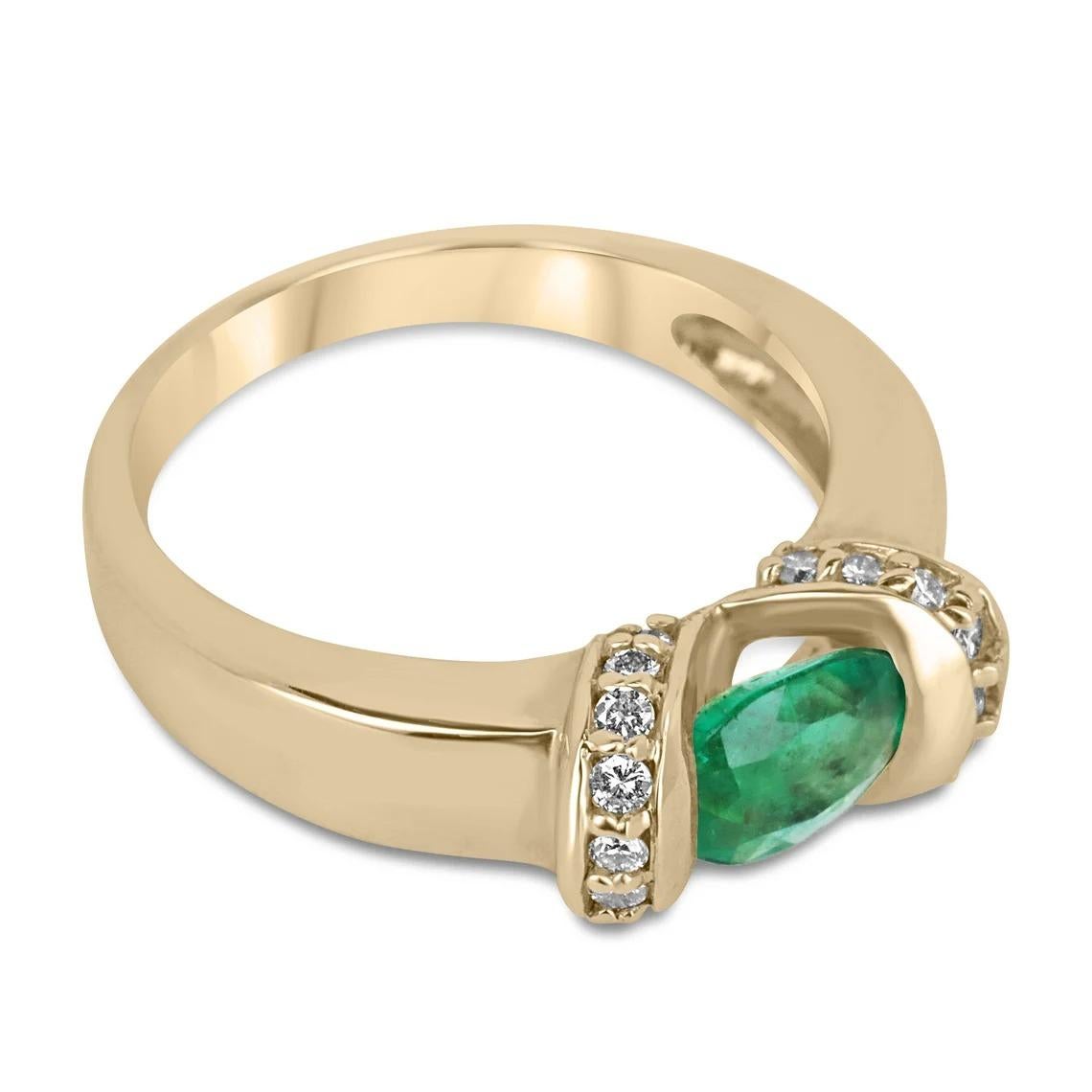 This stunning ring features a gorgeous oval cut emerald sourced from the rich mines of Colombia, weighing 1.0 carat with exceptional clarity and luster, and displaying a vivid, rich green hue. The emerald is set in an east to west direction in a