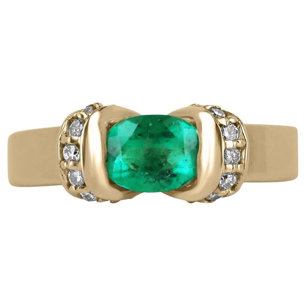 1.27tcw 14K Oval Cut Colombian Emerald & Round Diamond Accent Gold Buckle Ring For Sale