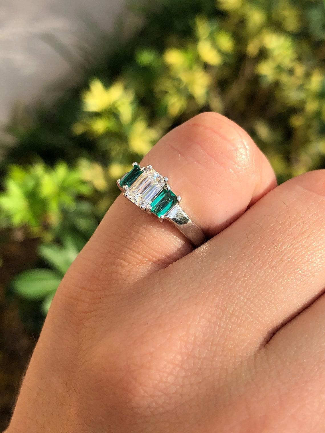 Women's 1.27tcw 14K Three Stone Emerald Cut Emerald & Diamond Gold Ring For Sale