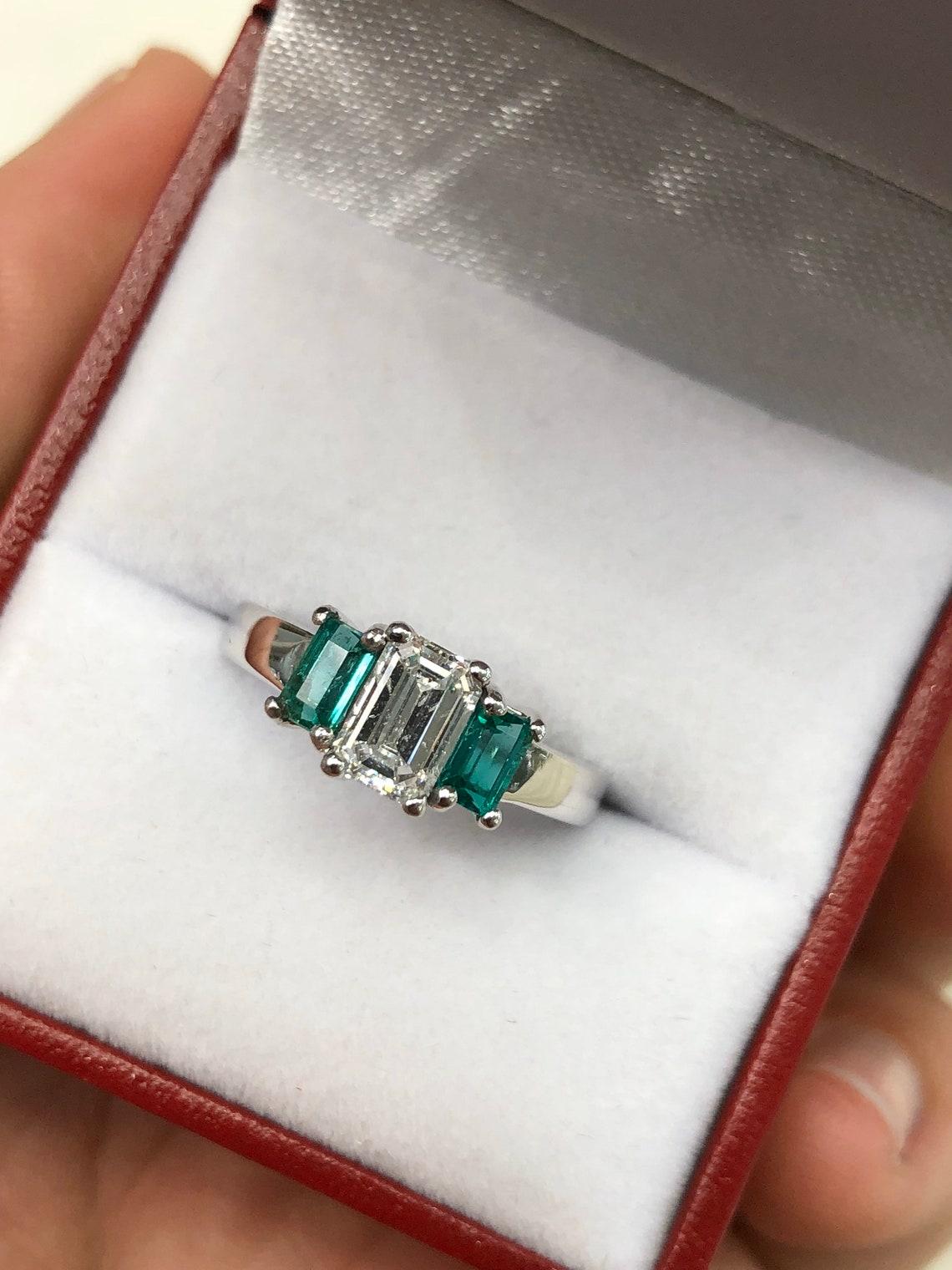 1.27tcw 14K Three Stone Emerald Cut Emerald & Diamond Gold Ring For Sale 3
