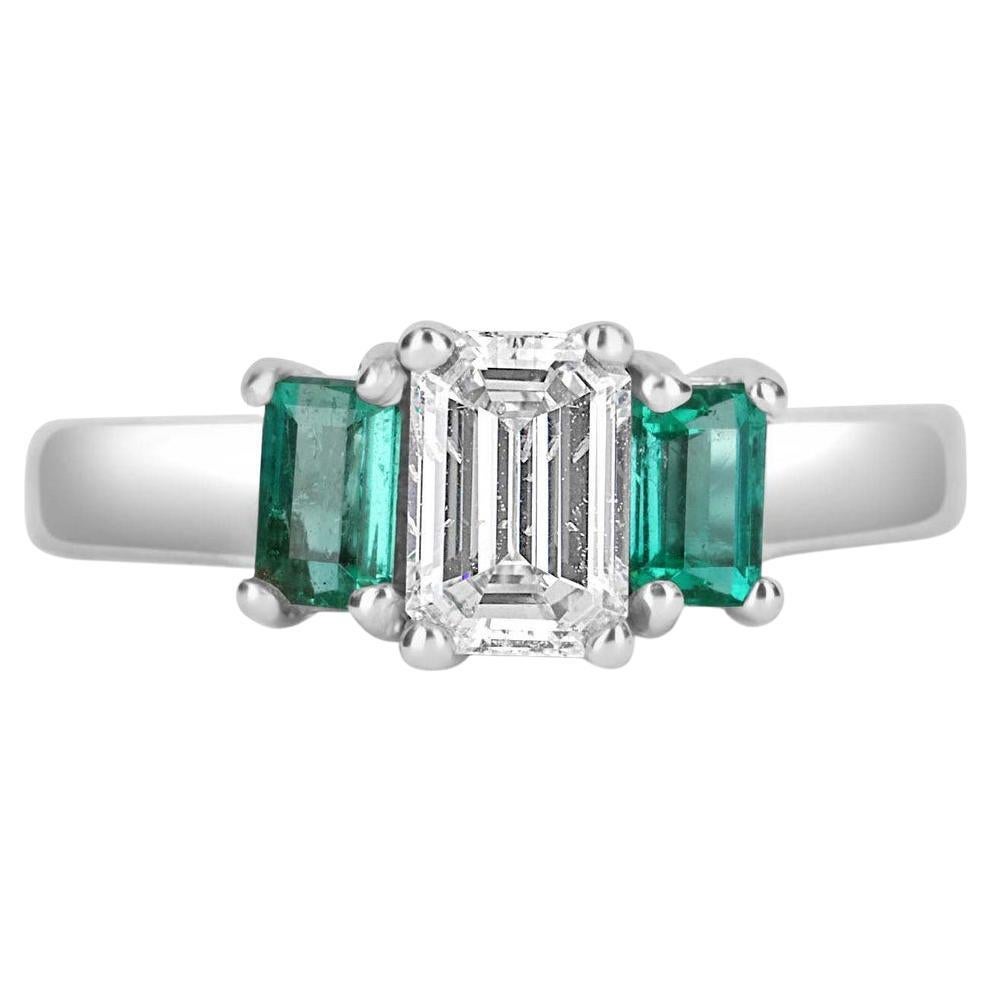 1.27tcw 14K Three Stone Emerald Cut Emerald & Diamond Gold Ring For Sale