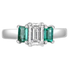 1.27tcw 14K Three Stone Emerald Cut Emerald & Diamond Gold Ring