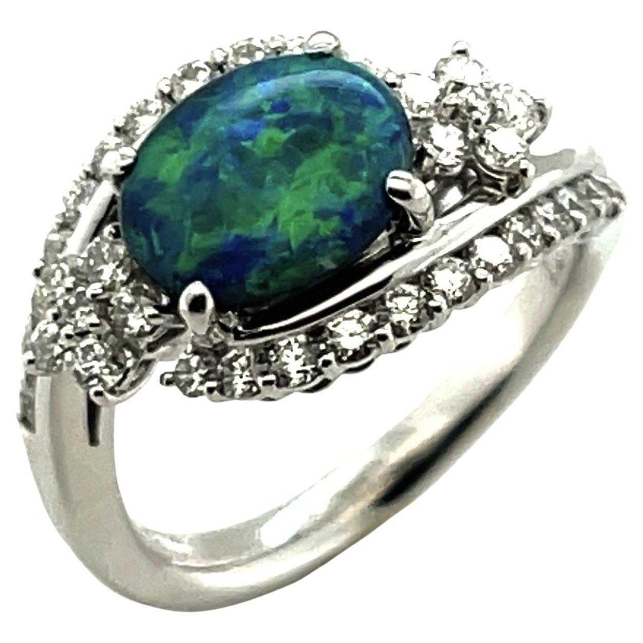 1.28 Carat Black Opal and Diamond Cocktail Ring in Platinum For Sale