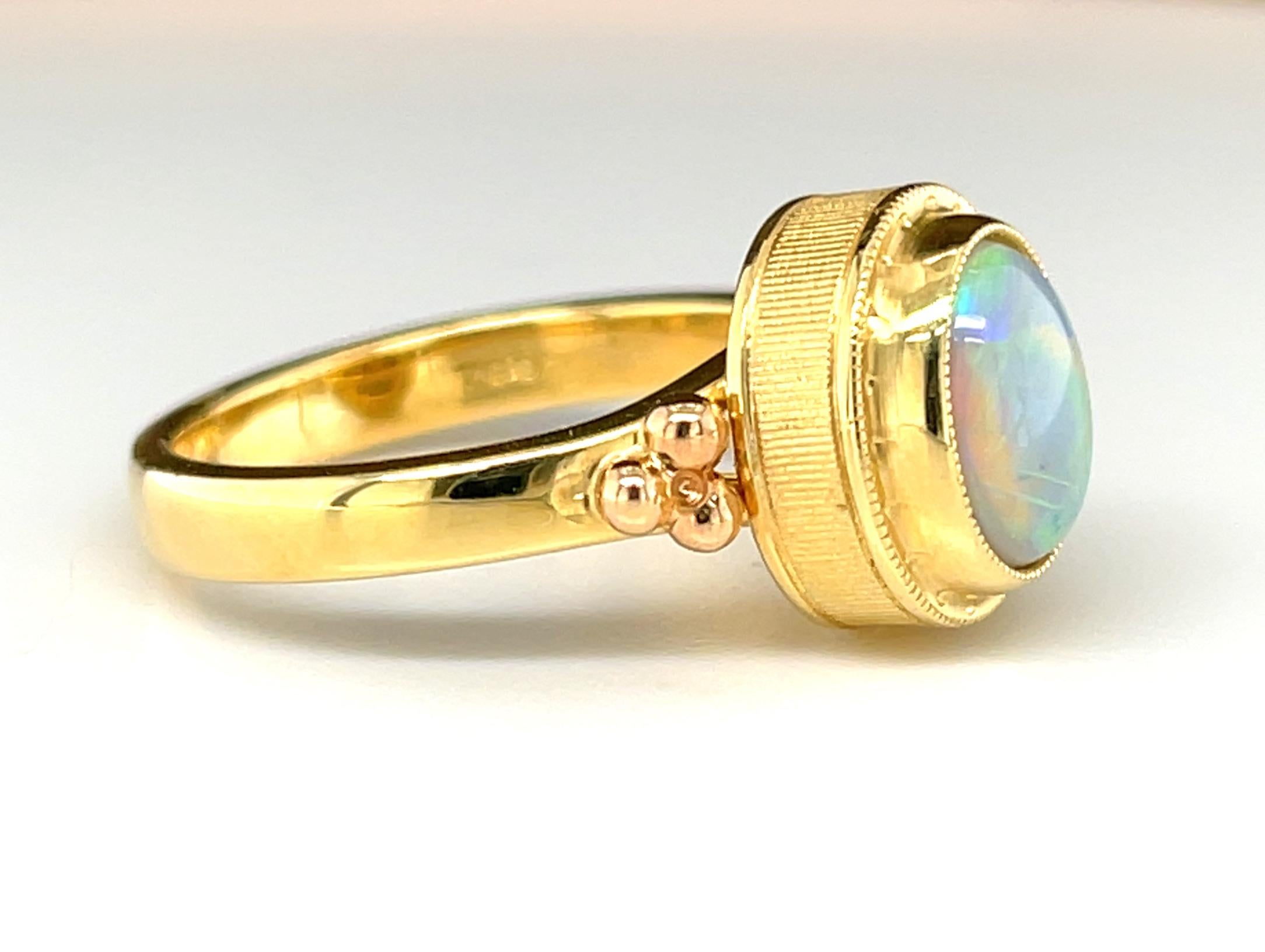 Oval Cut Black Opal and 18k Yellow Gold Handmade Band Ring For Sale