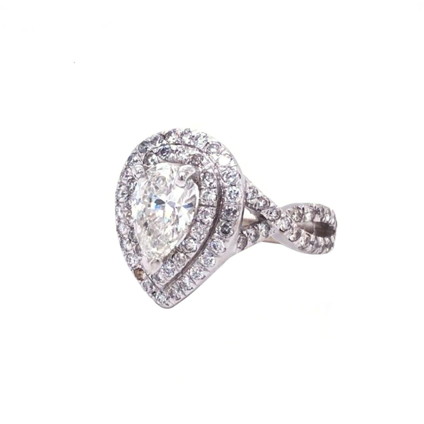 Modernist 1.28 Carat Center Pear Shape Diamond Ring 14K White Gold 3 Prongs Si2 Clarity For Sale