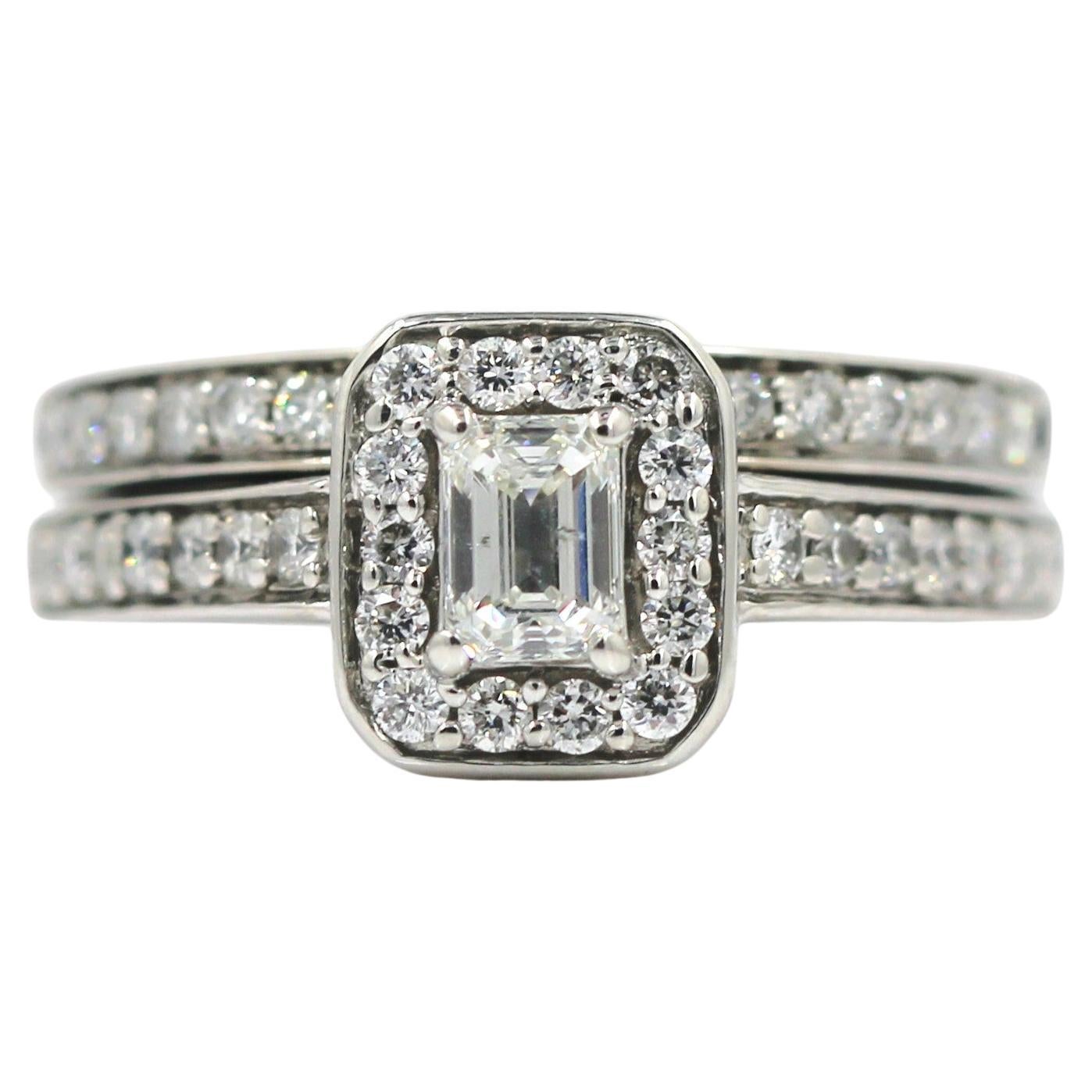 1.28 Carat Emerald Cut Diamond Halo Engagement Ring 14K White Gold Size 6.75