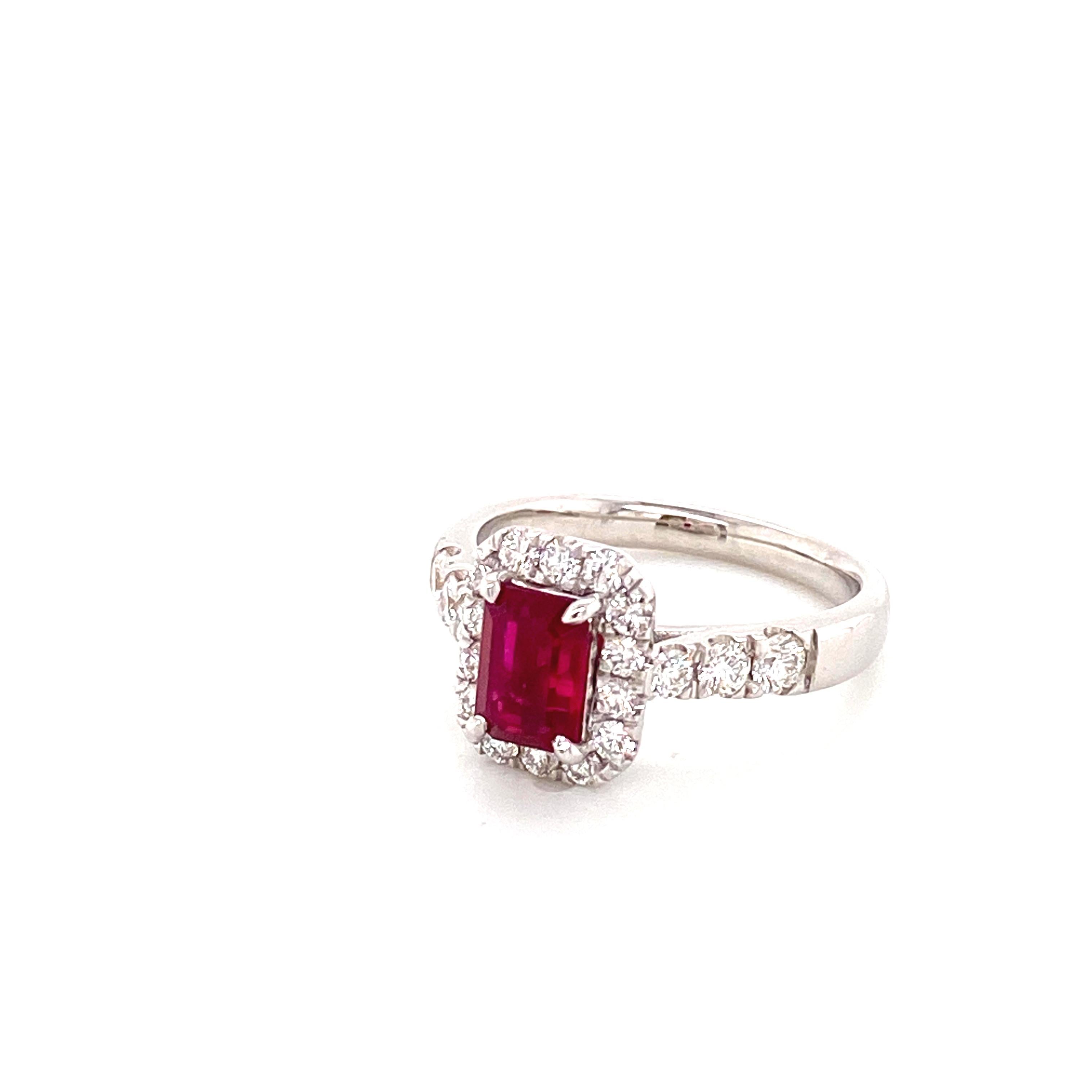 Emerald Cut 1.28 Carat GRS Certified Pigeon's Blood Burmese Ruby and Diamond Engagement Ring For Sale