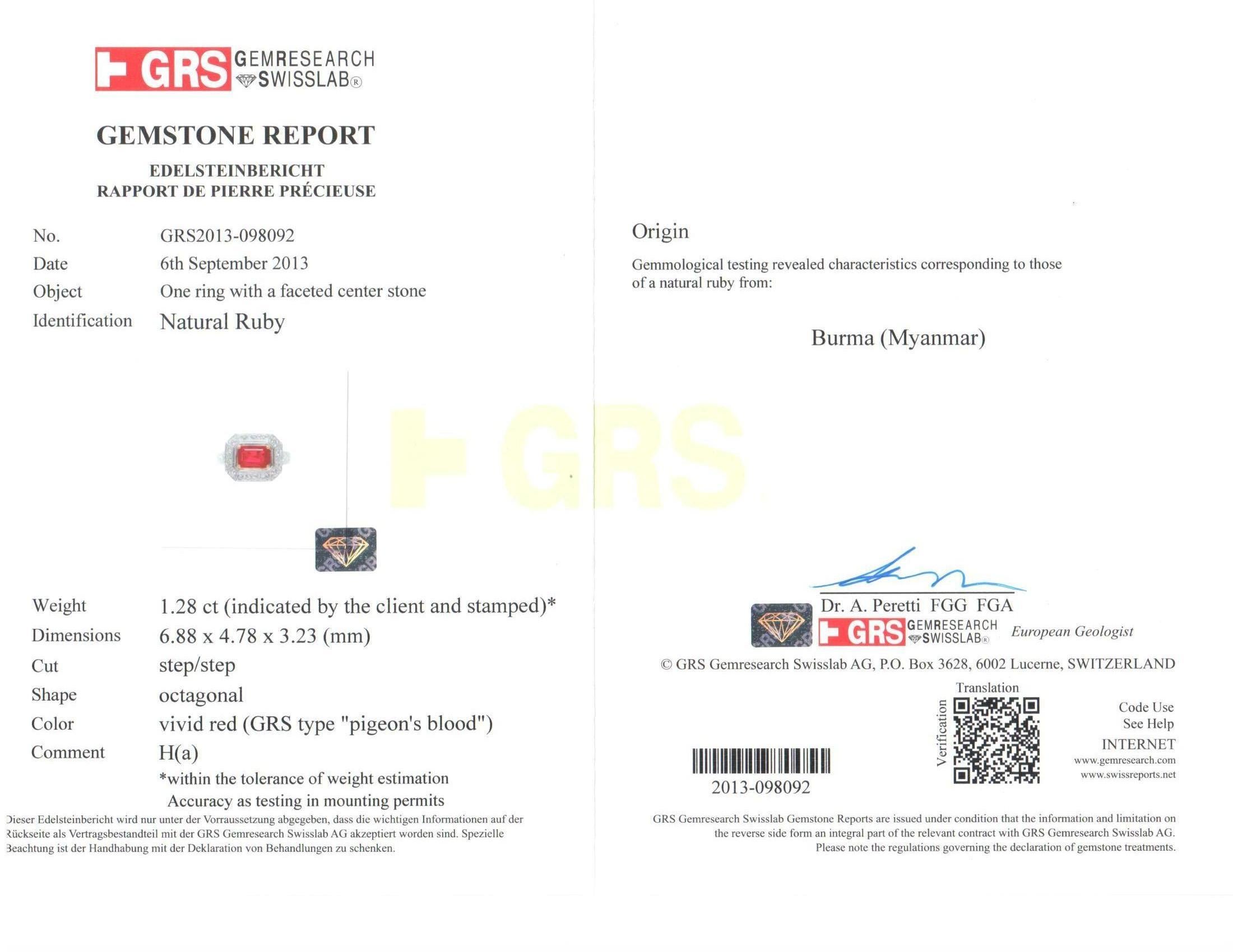 1,28 Karat GRS-zertifizierter Verlobungsring mit birmanischem Taubenblut-Rubin und Diamant im Angebot 1