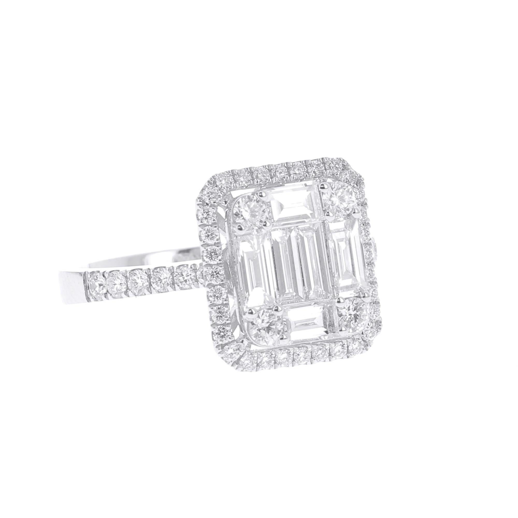 An unique Illusion Diamonds Ring set with Round Diamonds and Baguettes Diamonds giving the impression of One Emerald Cut Diamond 
surrounded by Round Brilliant Cut White Diamonds 
The ring is set with 6 Baguettes Diamonds weighing 0..72 Carat, 4