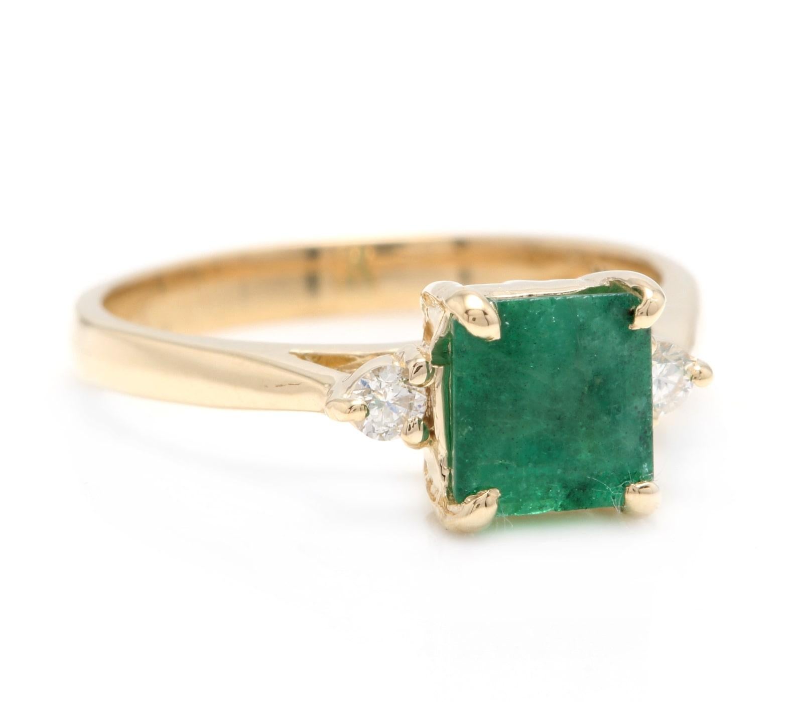 1.28 Carats Natural Emerald and Diamond 14K Solid Yellow Gold Ring

Total Natural Green Emerald Weight is: Approx. 1.20 Carats

Emerald Measures: 6.30 x 5.80mm

Natural Round Diamonds Weight: 0.08 Carats (color G-H / Clarity SI1-SI2)

Ring total