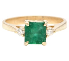 Esmeralda natural de 1,28 quilates y diamante Anillo de oro amarillo macizo de 14 quilates