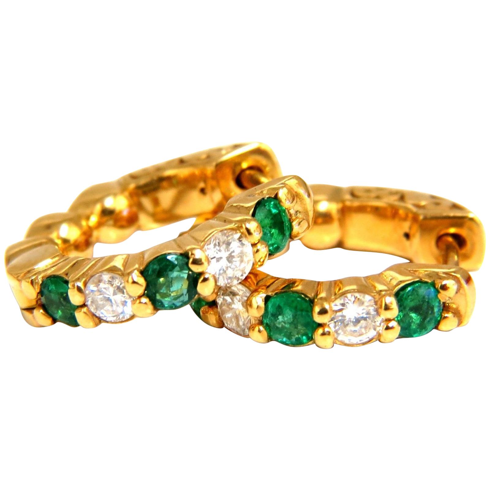 1.28 Carat Natural Emerald Diamonds Alternated Hoop Earrings 18 Karat