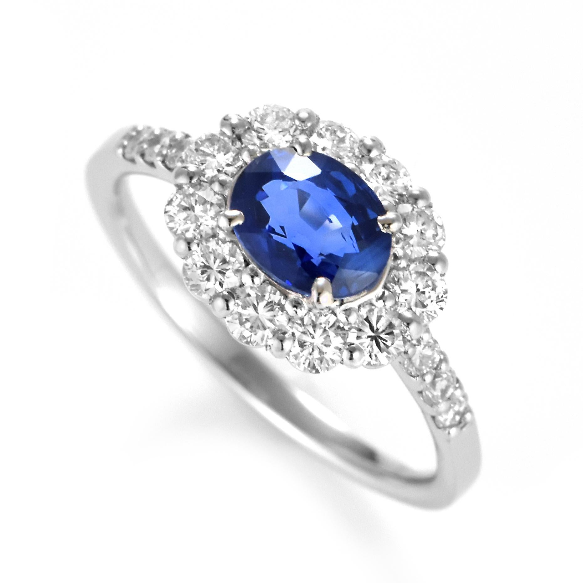 A beautiful ring featuring a 1.28 Carat Natural Sapphire and 0.65 Carats Diamond Accents set in Platinum. Sapphires have extraordinary durability - they excel in hardness as well as toughness and durability making them very popular in jewelry.