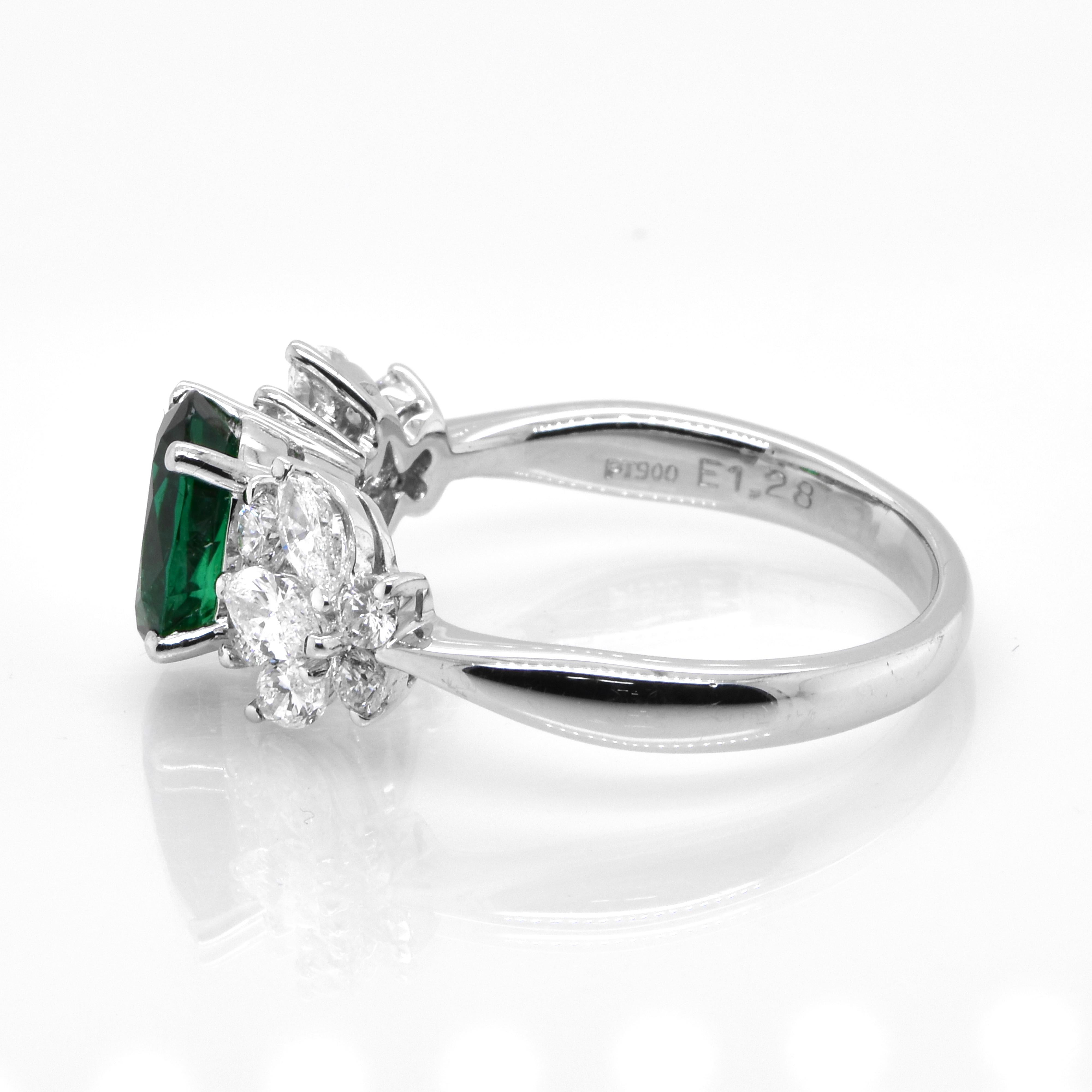 Oval Cut 1.28 Carat Natural Vivid Green Emerald and Diamond Ring Made in Platinum For Sale