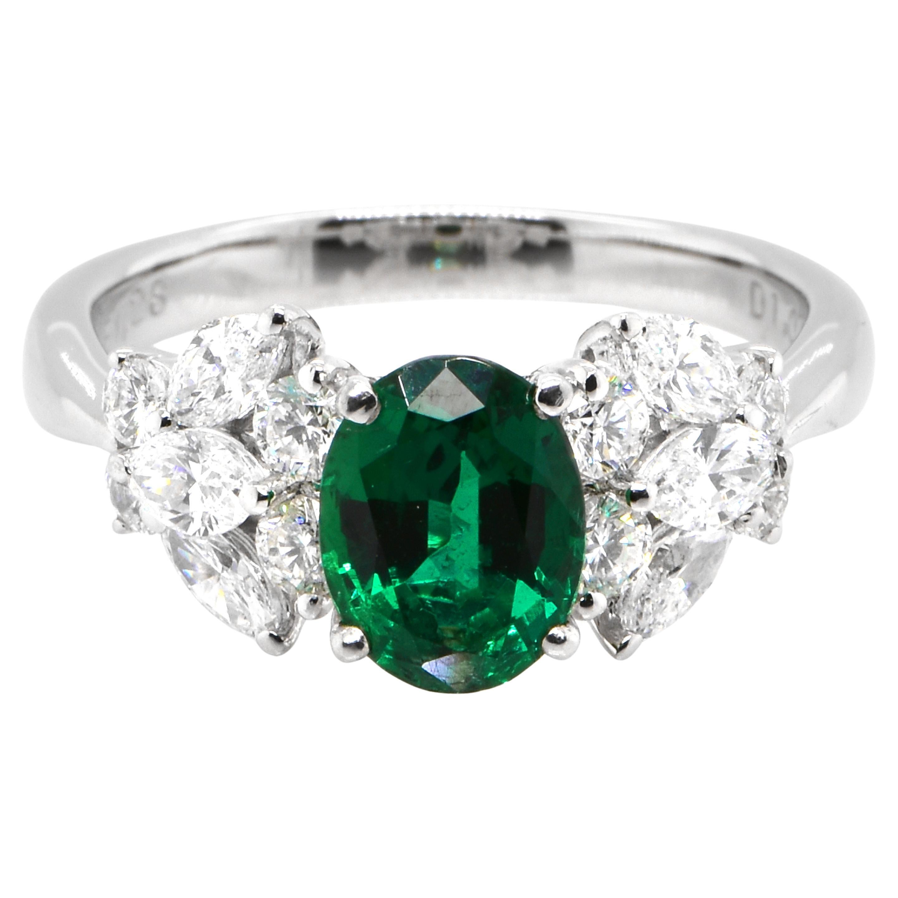 1.28 Carat Natural Vivid Green Emerald and Diamond Ring Made in Platinum For Sale