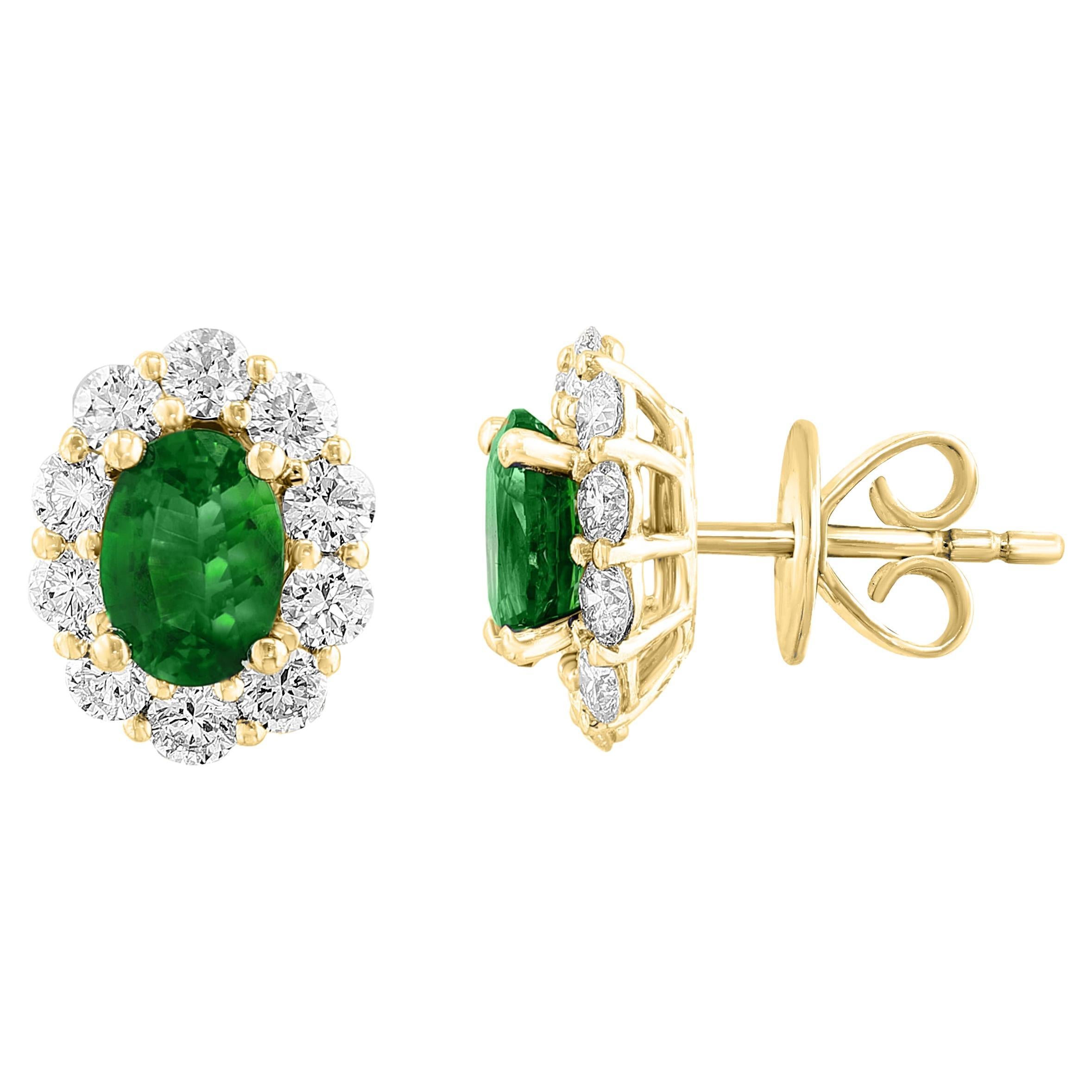 1.28 Carat Oval Cut Emerald and Diamond Stud Earrings in 18K Yellow Gold