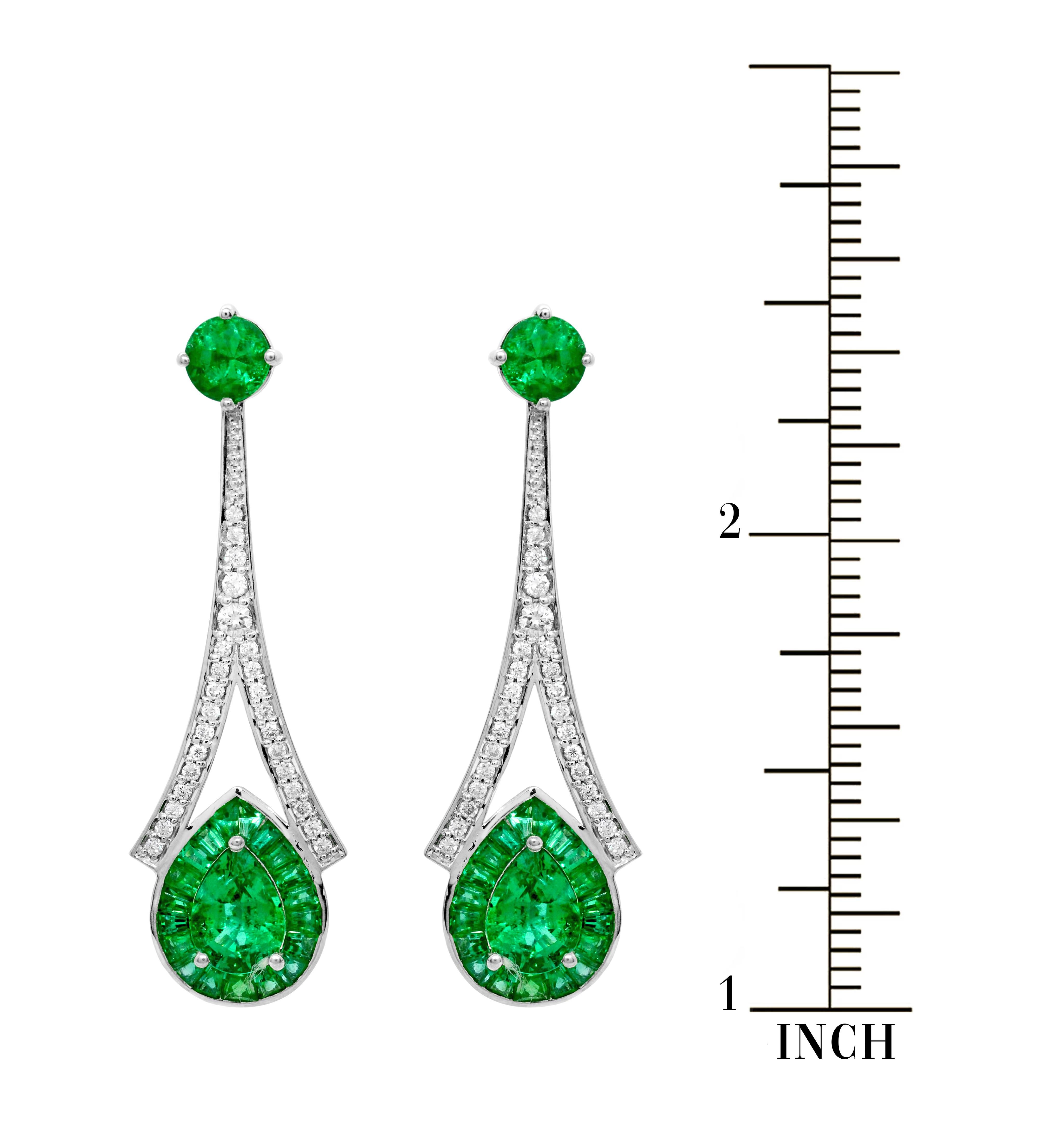 Women's 1.28 Carat Pear Emerald 3.76 Carats Total Emerald 14K White Gold Drop Earrings For Sale