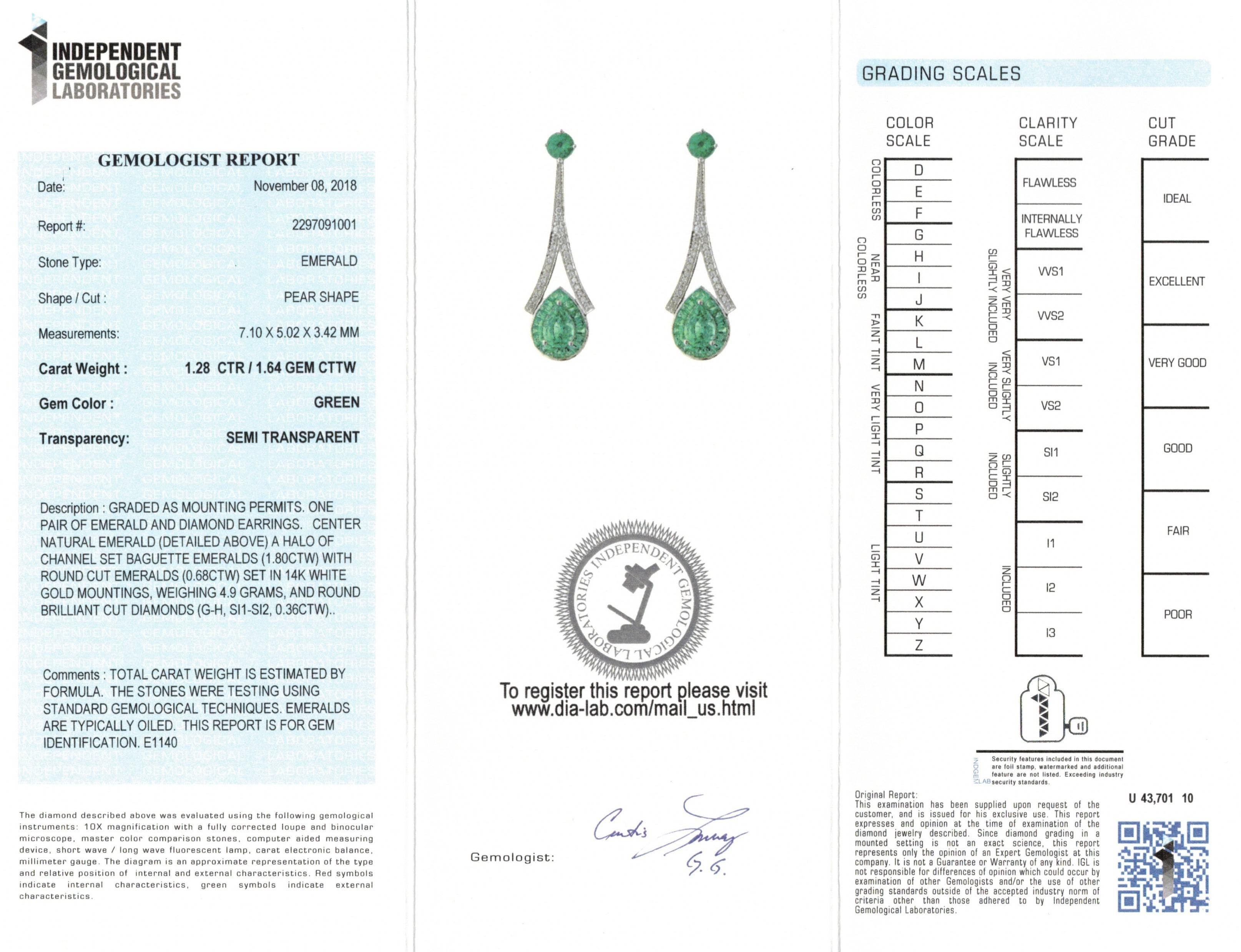 1.28 Carat Pear Emerald 3.76 Carats Total Emerald 14K White Gold Drop Earrings For Sale 1