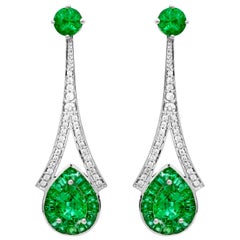 1.28 Carat Pear Emerald 3.76 Carats Total Emerald 14K White Gold Drop Earrings