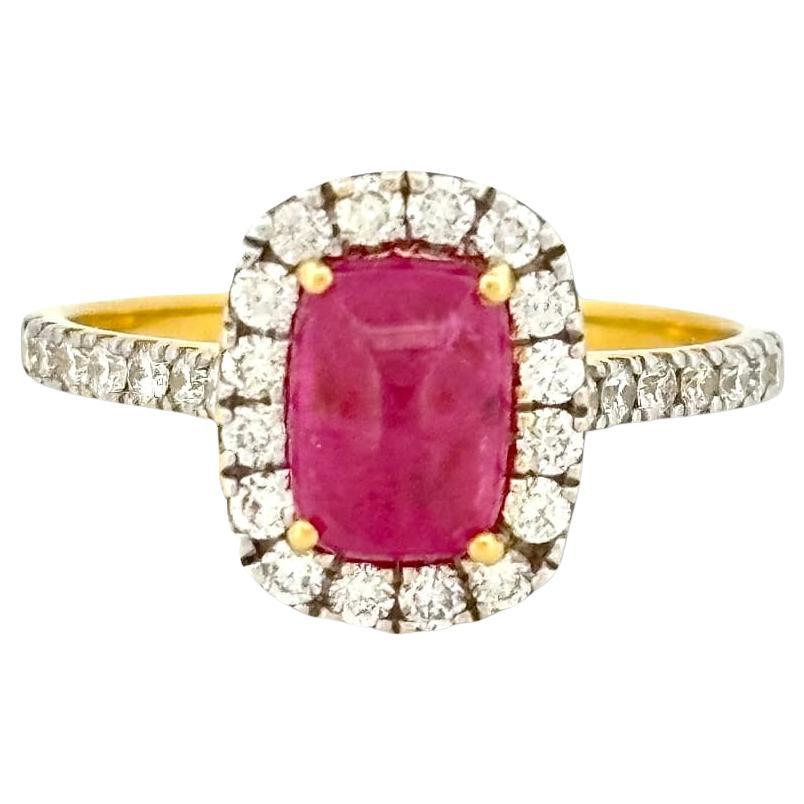 1.28 Ct Vivid Pink Sugarloaf Ruby Ring with Halo Diamonds in 18K Yellow Gold For Sale