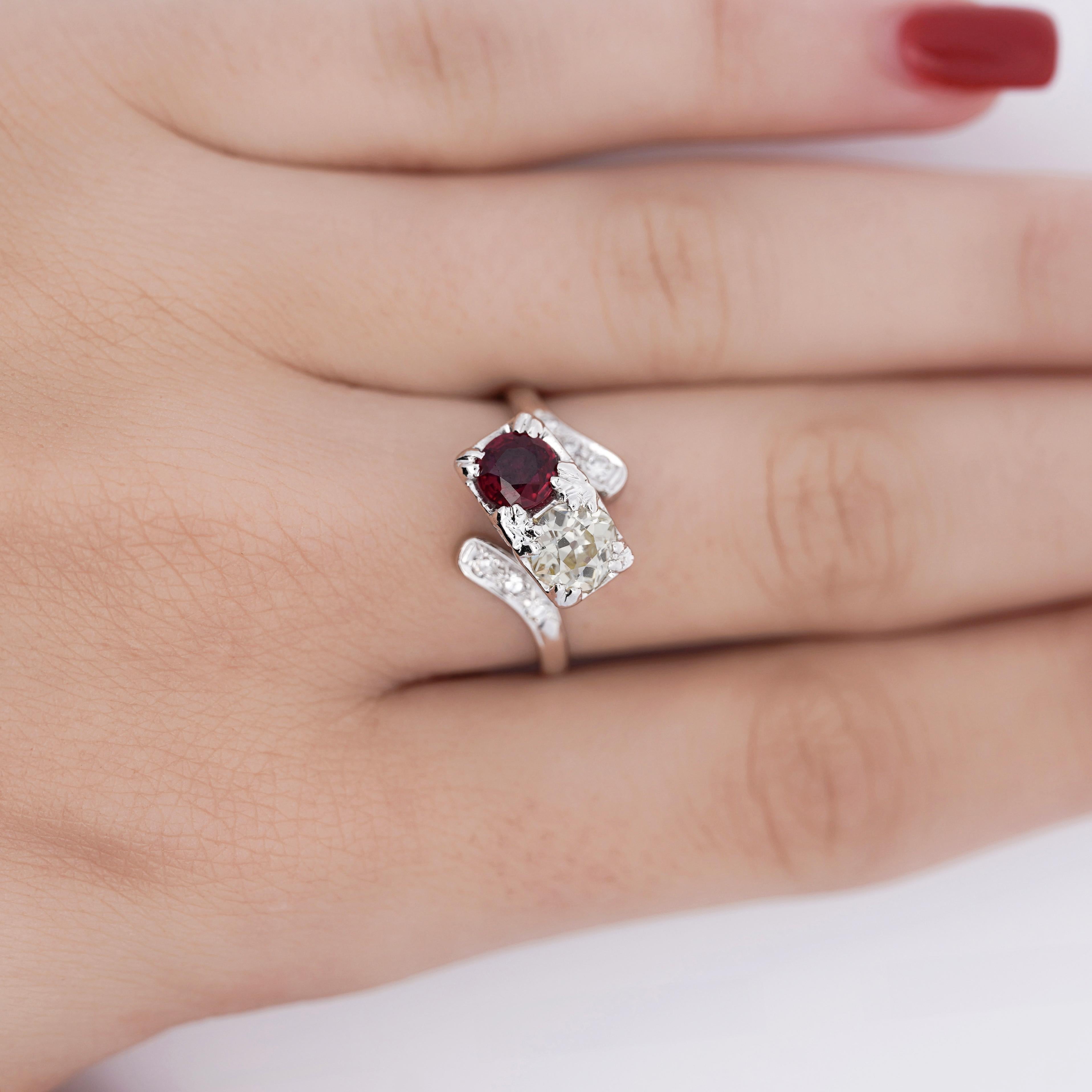 1.28 Carat Ruby & Diamond 14K White Gold Toi Et Moi Ring For Sale 4
