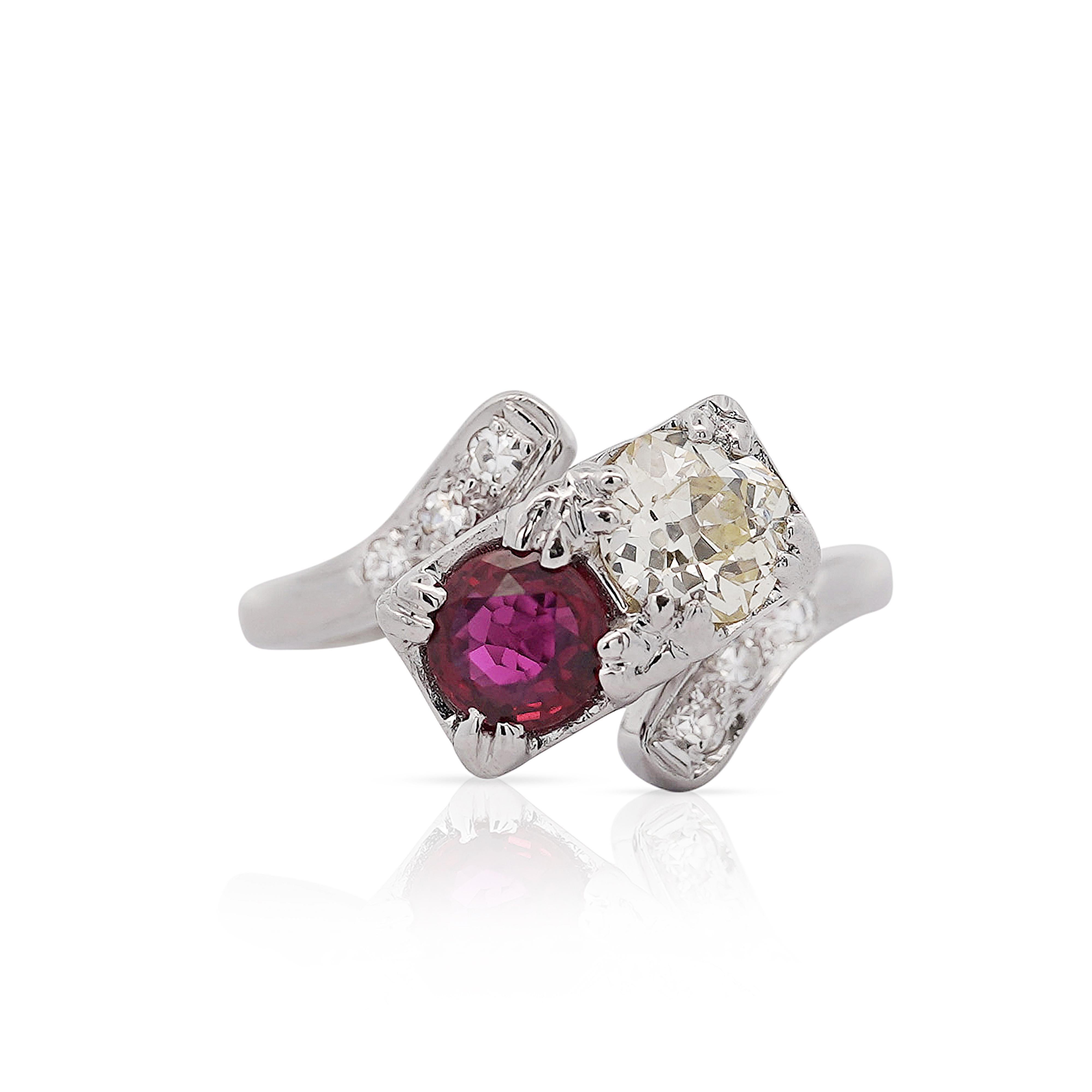 1.28 Carat Ruby & Diamond 14K White Gold Toi Et Moi Ring For Sale 1