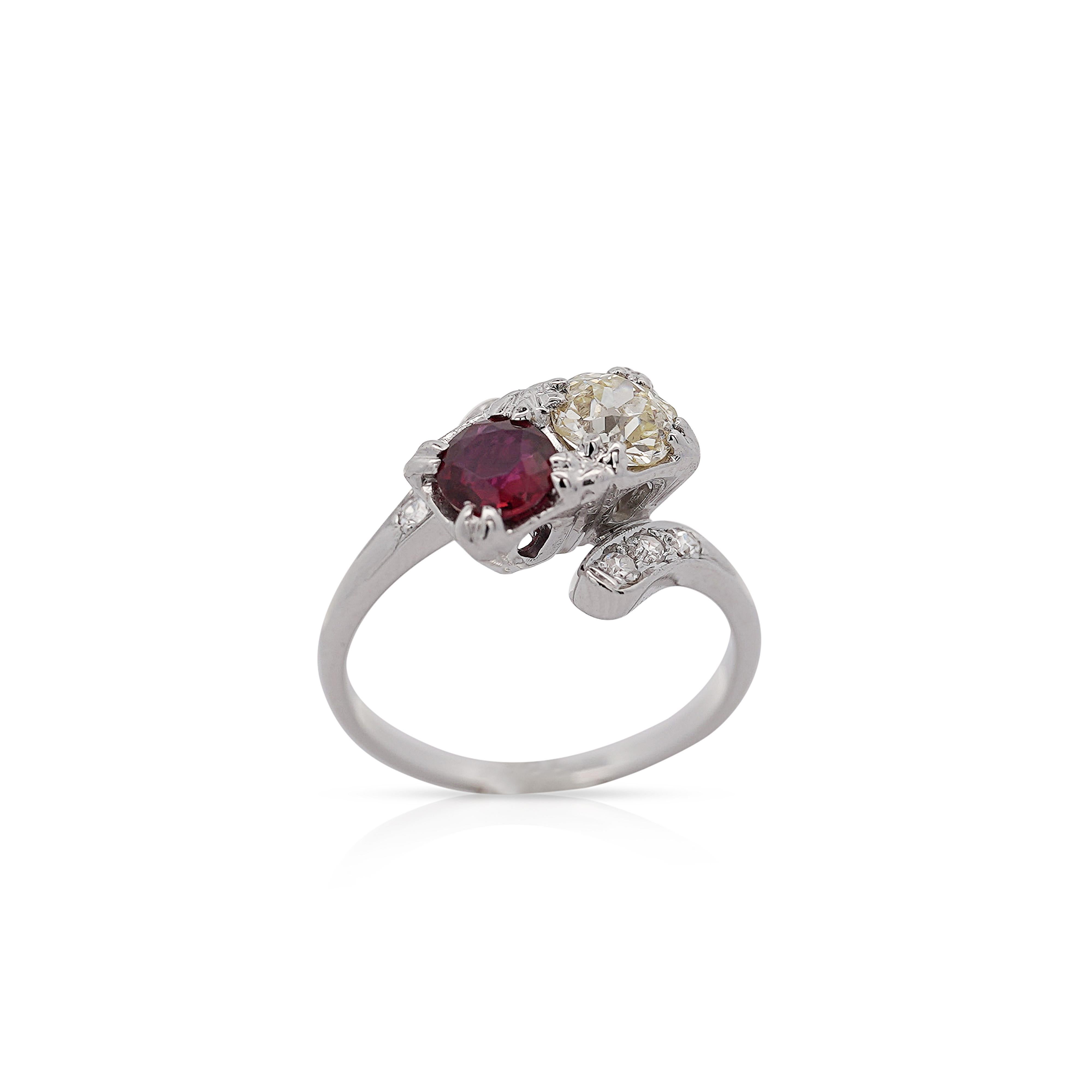 1.28 Carat Ruby & Diamond 14K White Gold Toi Et Moi Ring For Sale 2