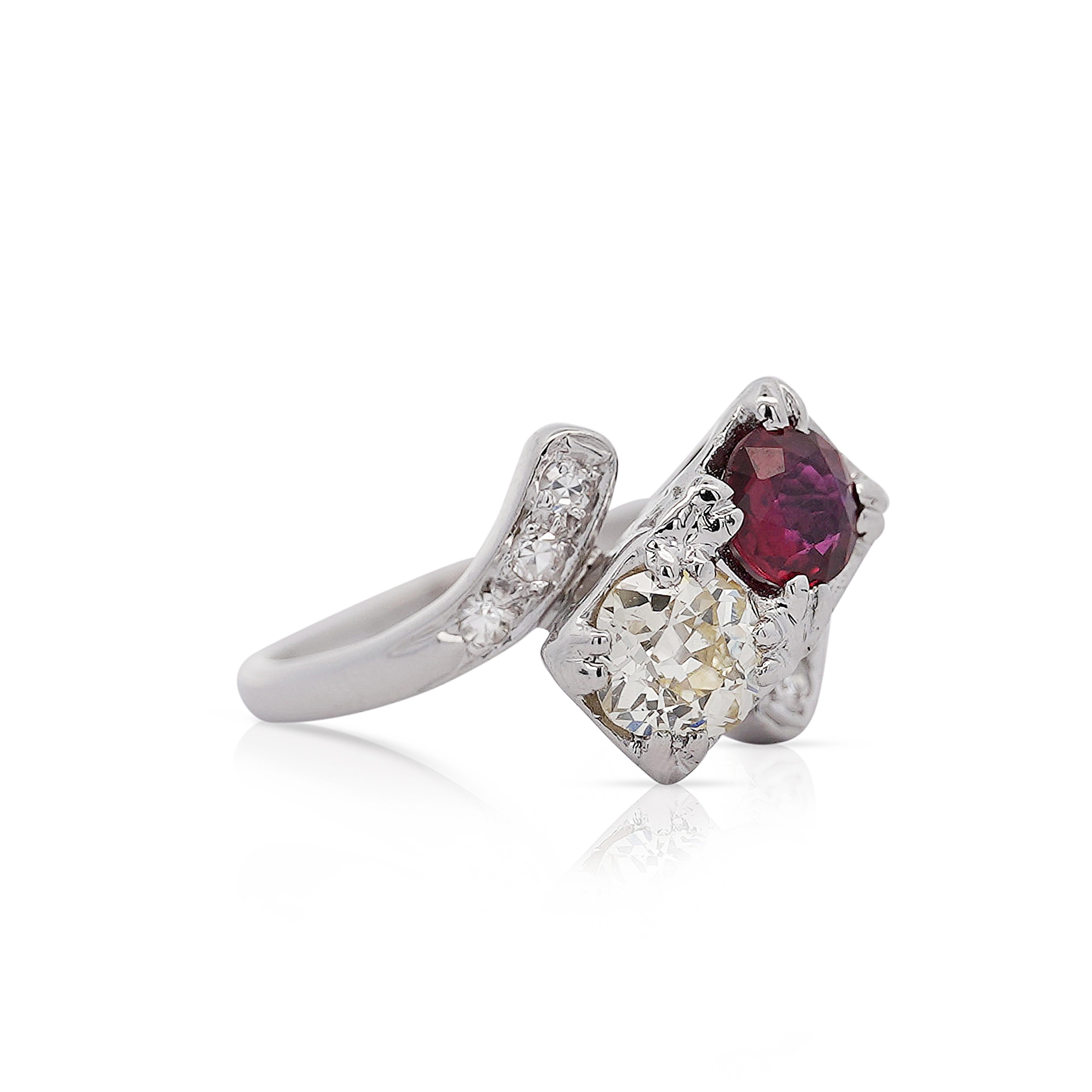 1.28 Carat Ruby & Diamond 14K White Gold Toi Et Moi Ring For Sale 3
