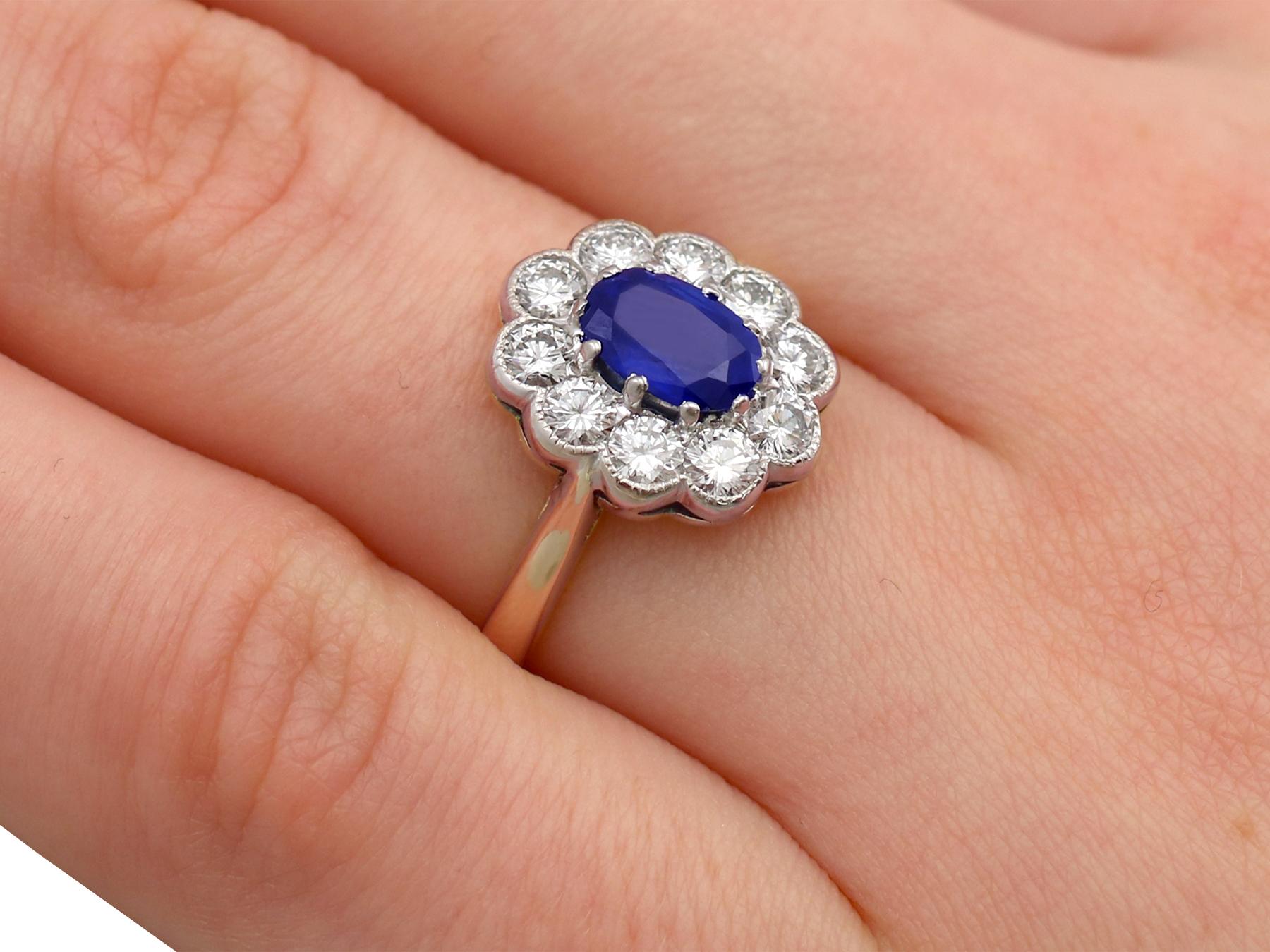 Vintage 1.28 Carat Sapphire and 1.30 Carat Diamond Yellow Gold Cluster Ring For Sale 1