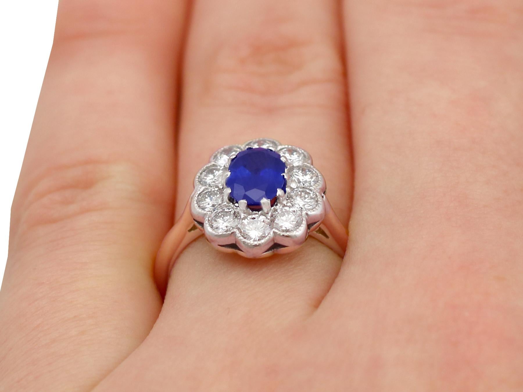 Vintage 1.28 Carat Sapphire and 1.30 Carat Diamond Yellow Gold Cluster Ring For Sale 2