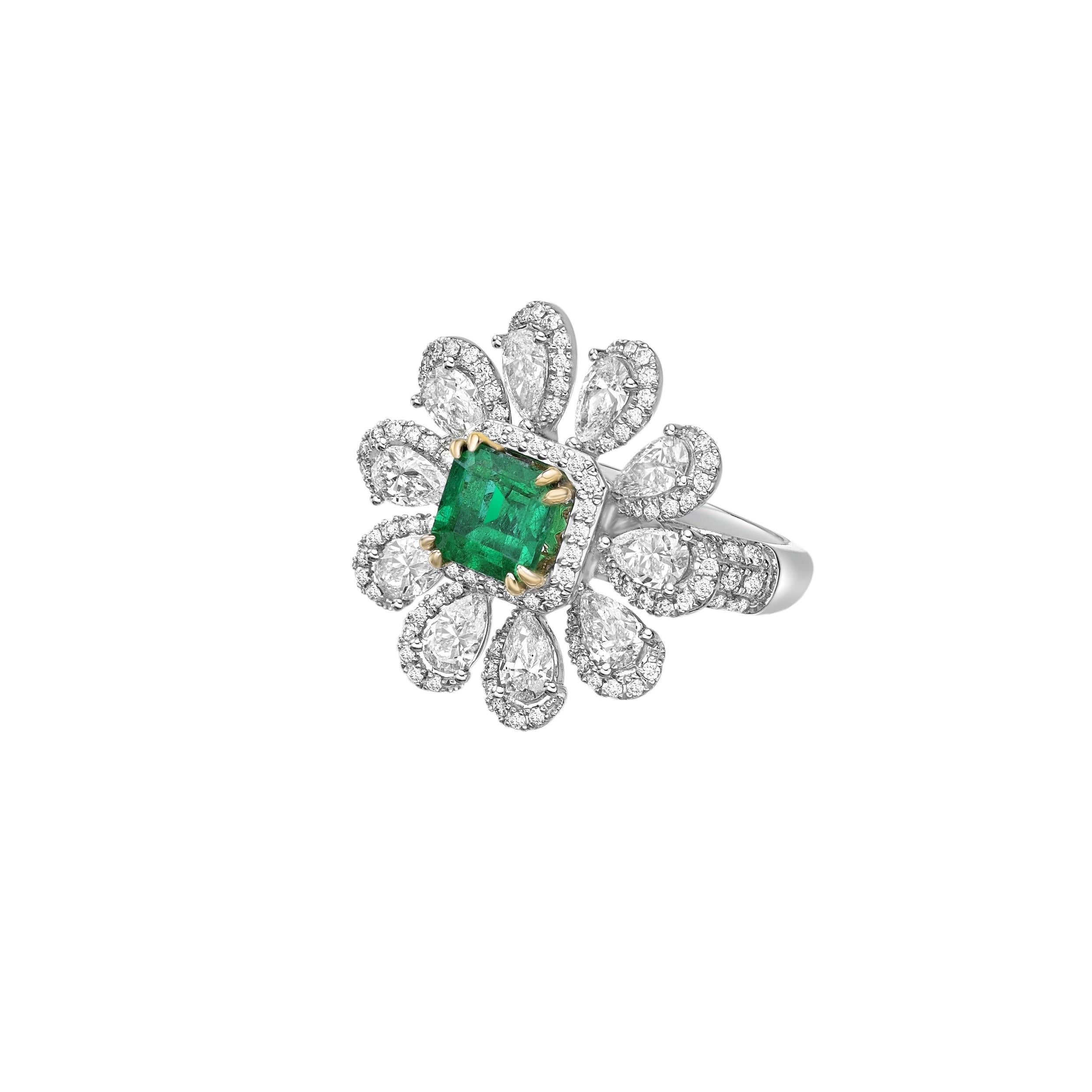 Octagon Cut 1.28 Carat Sunflower Emerald Bridal Ring in 18KWYG with White Diamond. For Sale