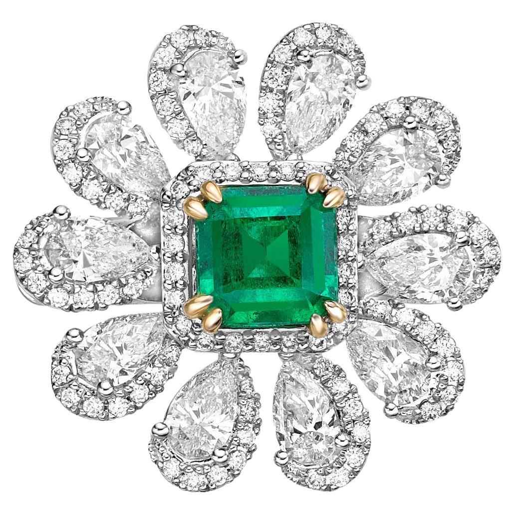 1.28 Carat Sunflower Emerald Bridal Ring in 18KWYG with White Diamond.